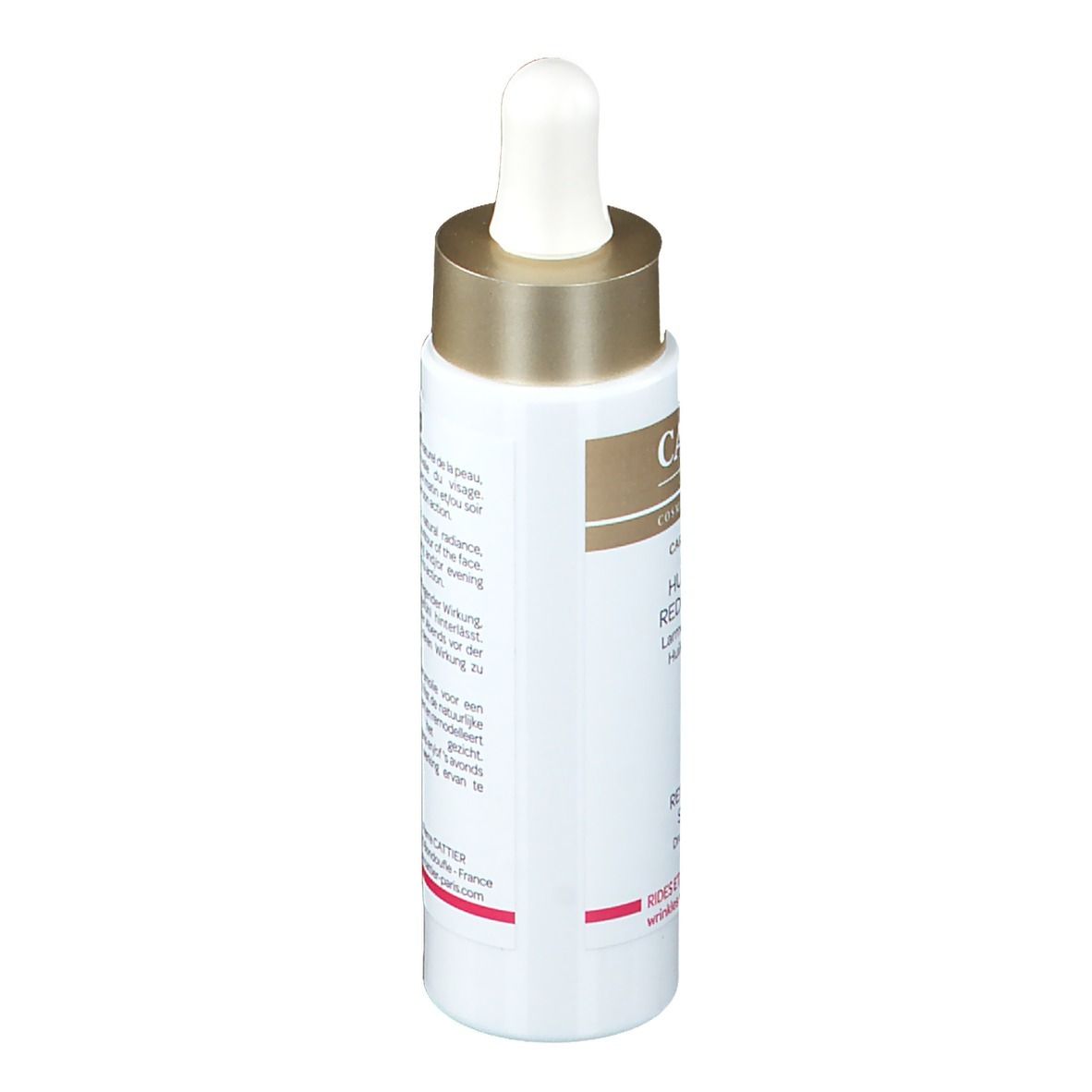 Vue latérale du flacon d'huile sérum. Étiquette blanche avec texte. Bouchon doré. Contient 30 ml.