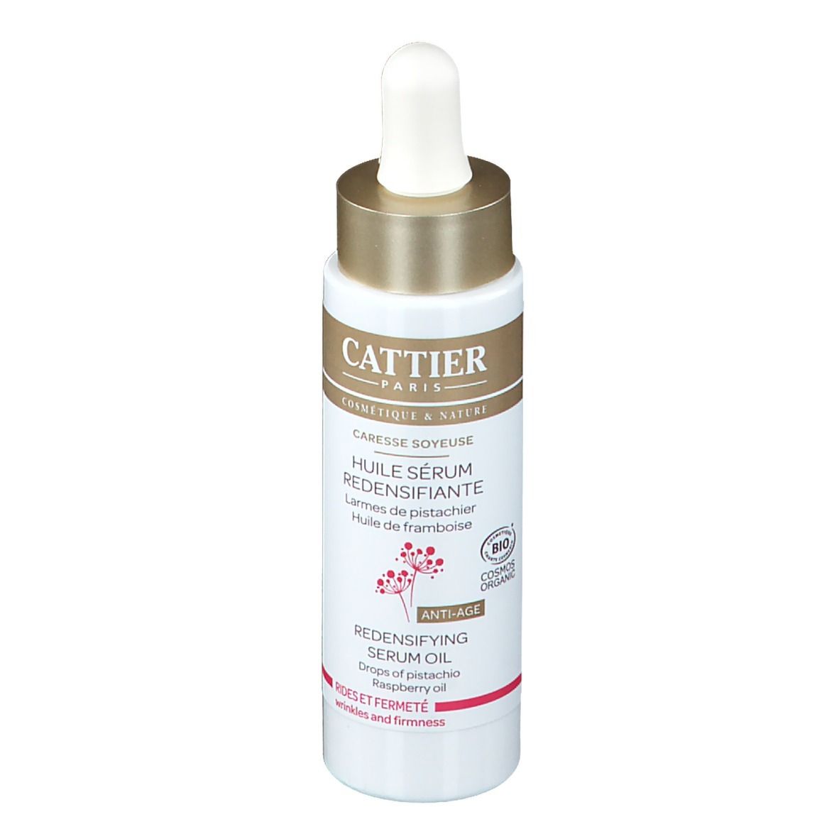 Flacon d'huile sérum avec pipette. Étiquette blanche, bouchon doré. Texte: Cattier, HUILE SÉRUM REDENSIFIANTE, Anti-Âge.