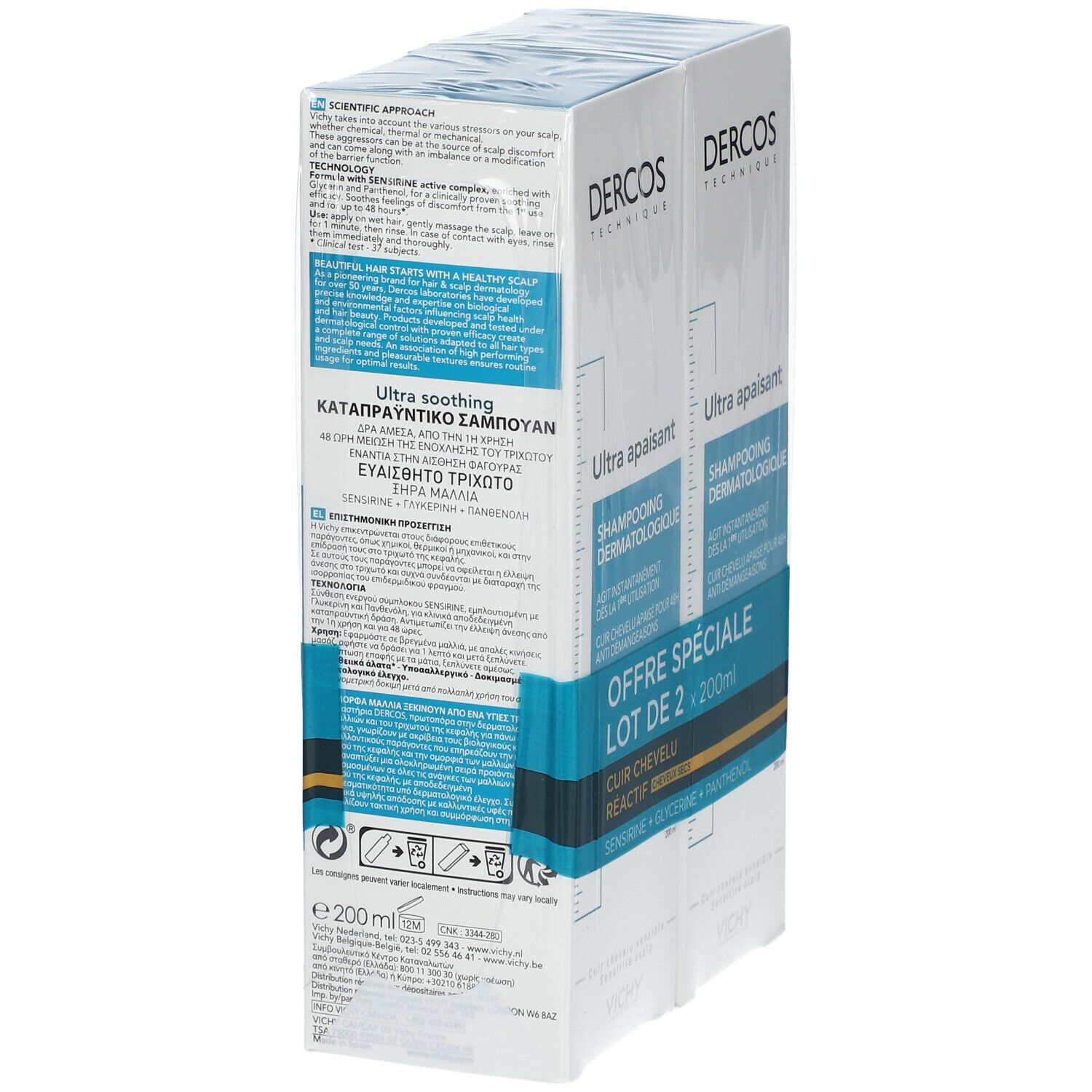 Dos du pack de shampooing. Boîte blanche avec texte bleu. Texte multilingue. 200ml.