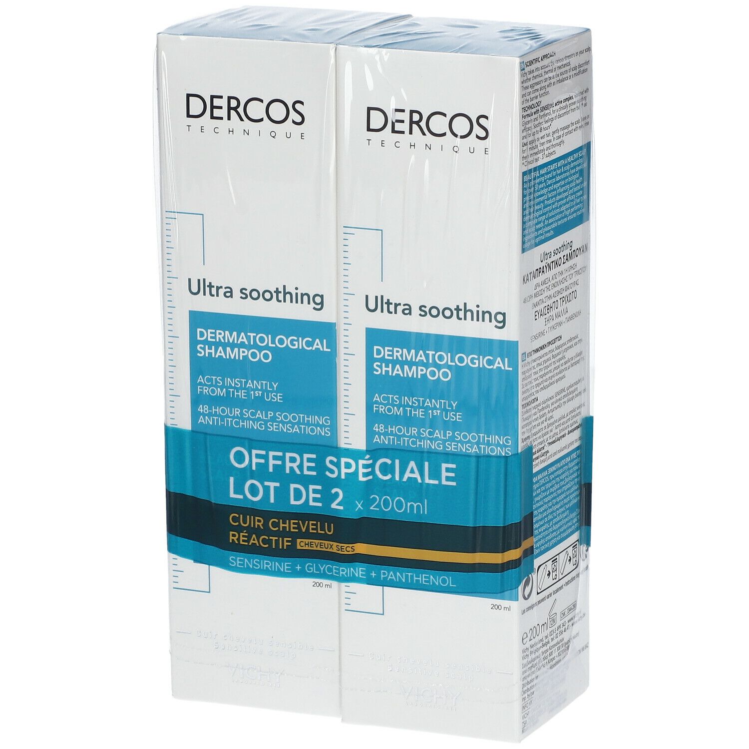 Pack de deux shampooings. Boîte blanche avec texte bleu. "Ultra soothing" et "Dermatological Shampoo" sont visibles.