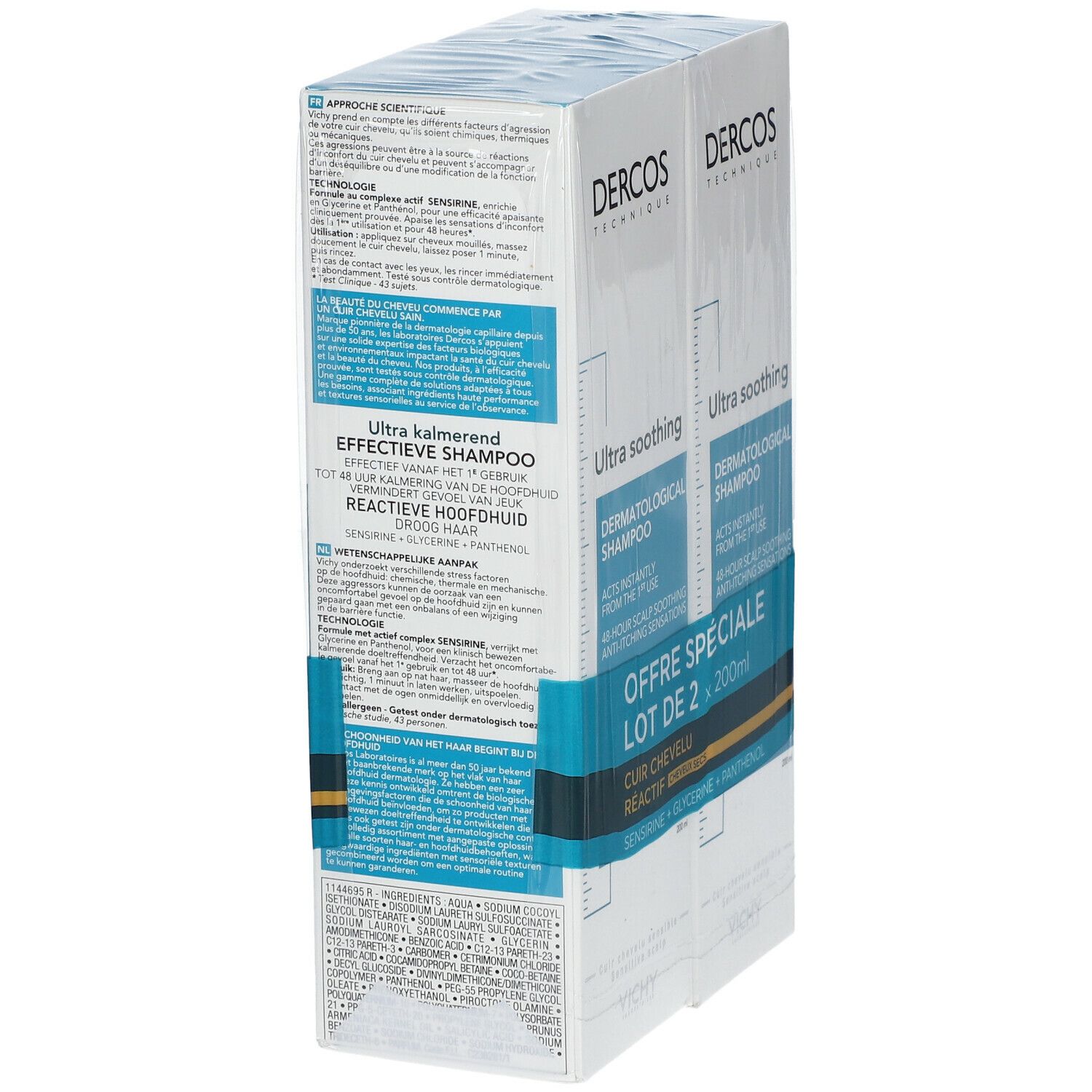 Dos du pack de shampooing. Boîte blanche avec texte bleu. Texte multilingue. 200ml.