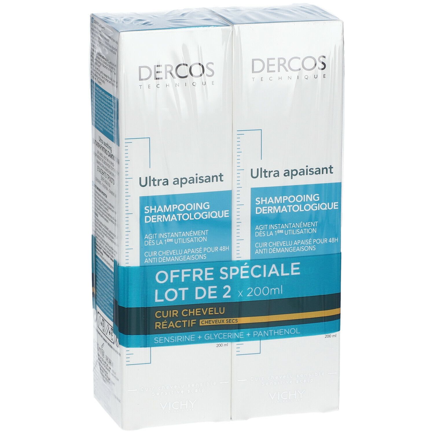 Pack de deux shampooings. Boîte blanche avec texte bleu. "Ultra apaisant" et "Shampooing dermatologique" sont visibles.