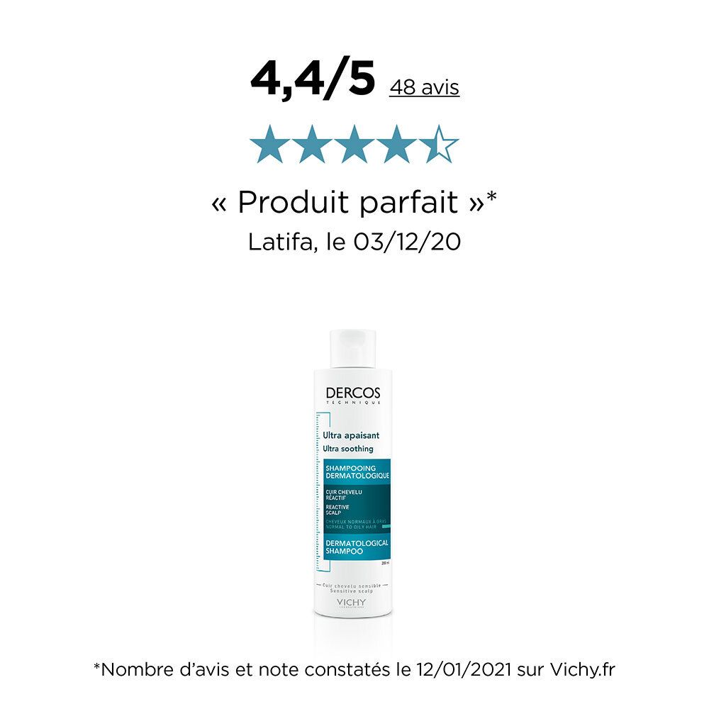 Évaluation de 4,4/5 étoiles. Produit avec flacon de shampooing. Inscription: Dercos, Ultra apaisant, Shampooing Dermatologique.