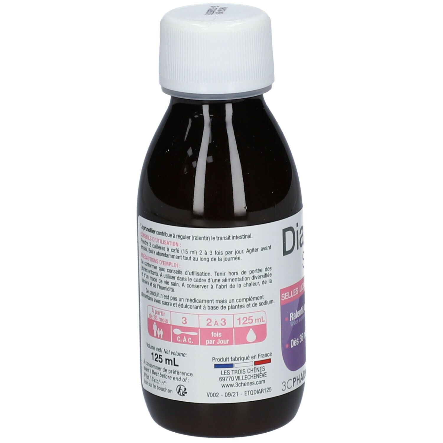 Dos du flacon de Diarilium Solution. Texte: 125 ml, 2A3, CAC. Fabriqué en France. Bouchon blanc.
