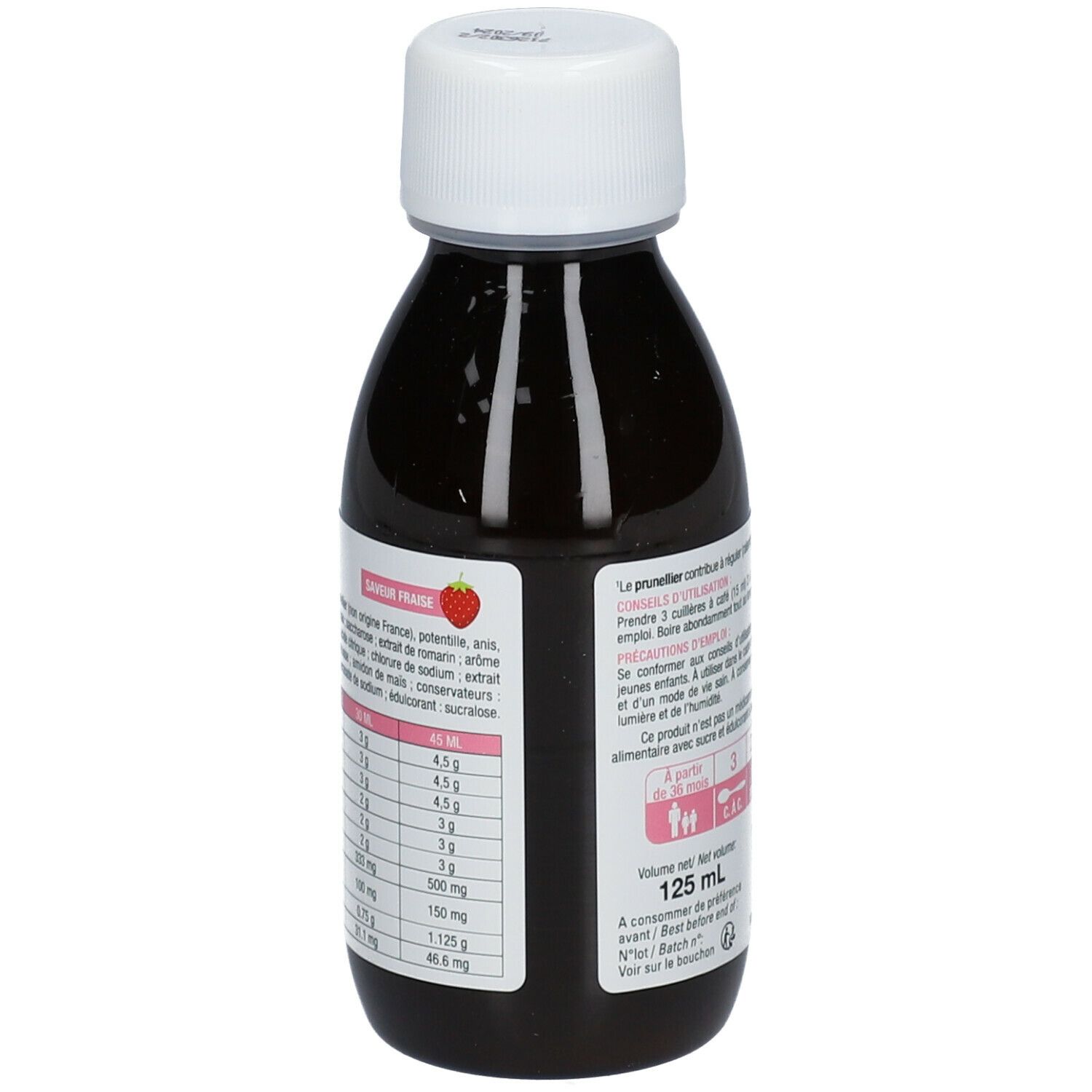 Flacon de Diarilium Solution, goût fraise. Texte: 125 ml. Informations nutritionnelles. Bouchon blanc.