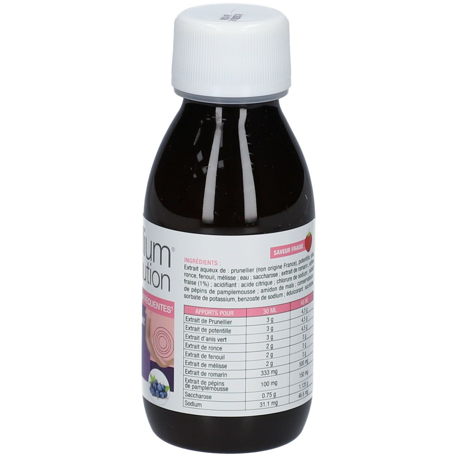 Dos du flacon de Diarilium Solution. Liste des ingrédients, goût fraise. Bouchon blanc.