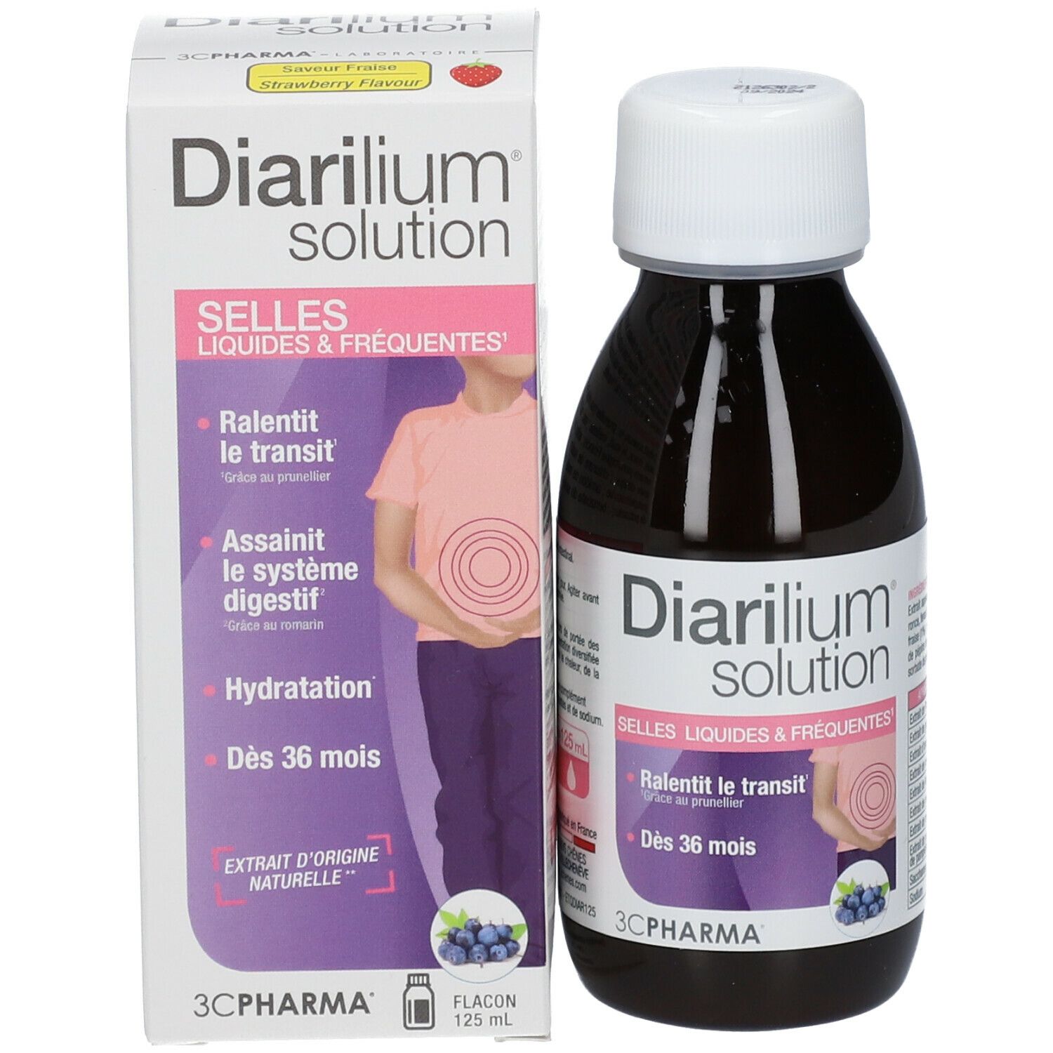 Flacon et boîte de Diarilium Solution. Texte: Rallentit le transit, Dès 36 mois. Goût fraise.
