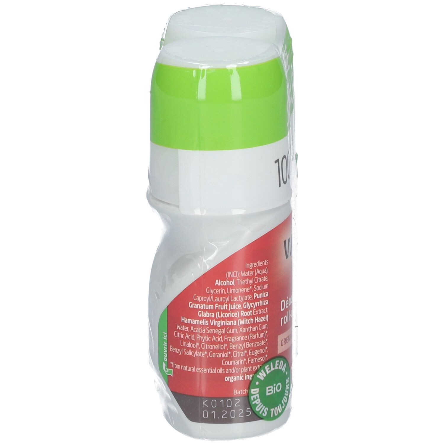Roll-on deodorant verpakt in folie. Opschrift: WELEDA, 24h. Groen-witte dop. Ingrediënten en bio-label zichtbaar. Houdbaarheid: 01.2025.