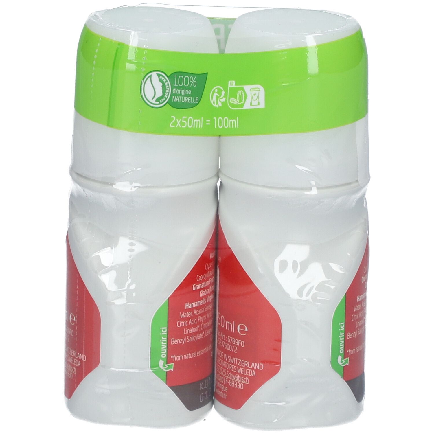 Twee roll-on deodorants verpakt in folie. Opschrift: WELEDA, 24h, Grenade. Groen-witte verpakking. 2x50ml = 100ml.