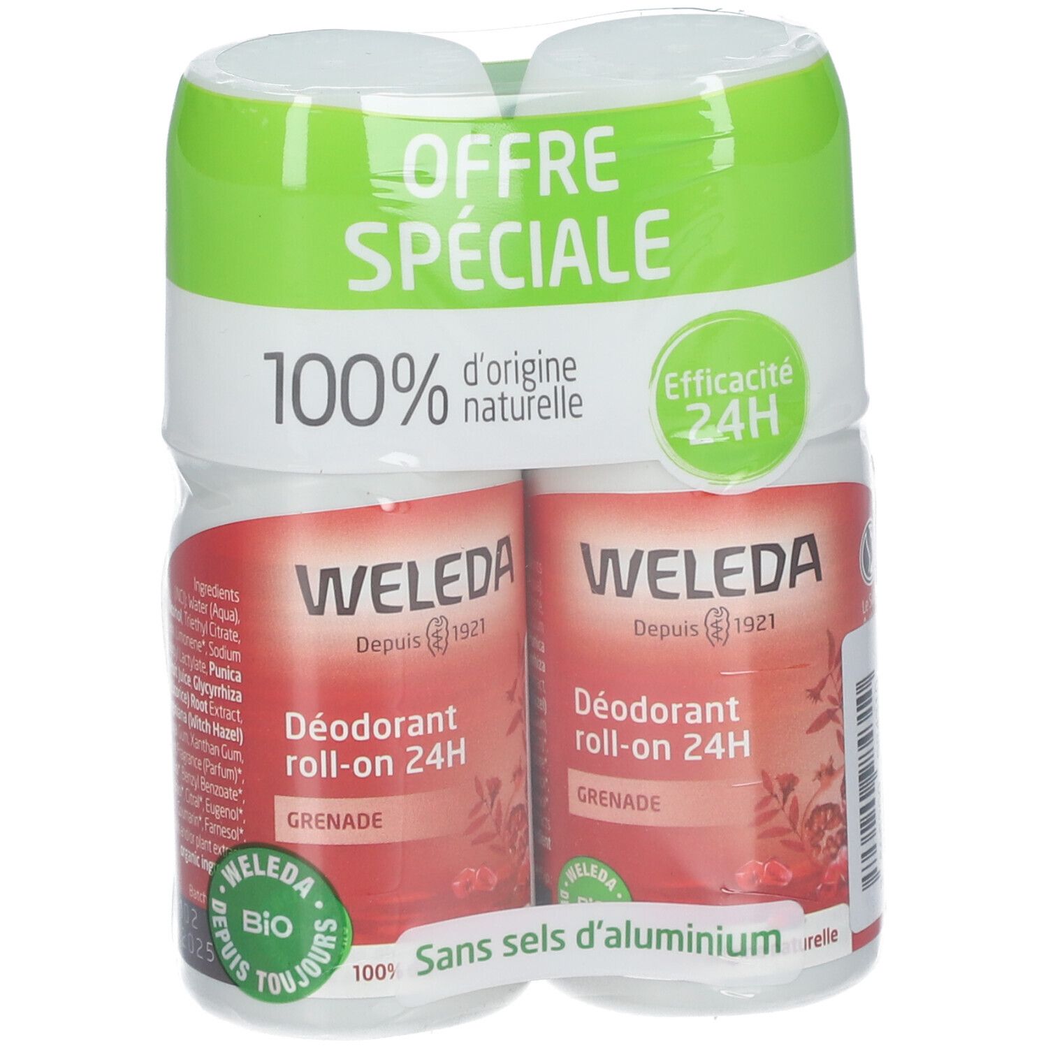 Twee roll-on deodorants verpakt in folie. Opschrift: WELEDA, 24h, Grenade. Groen-witte verpakking. Opschrift: 100% natuurlijk, zonder aluminiumzouten.