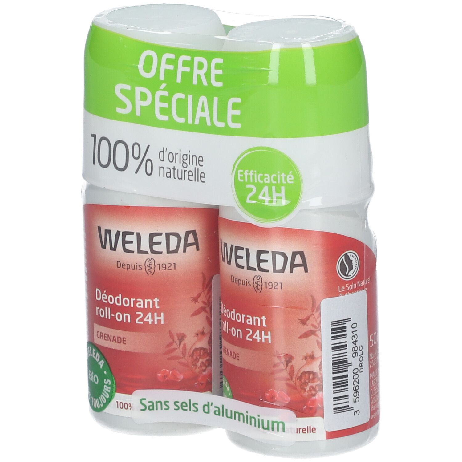 Twee roll-on deodorants verpakt in folie. Opschrift: WELEDA, 24h, Grenade. Groen-witte verpakking. Opschrift: 100% natuurlijk, zonder aluminiumzouten.
