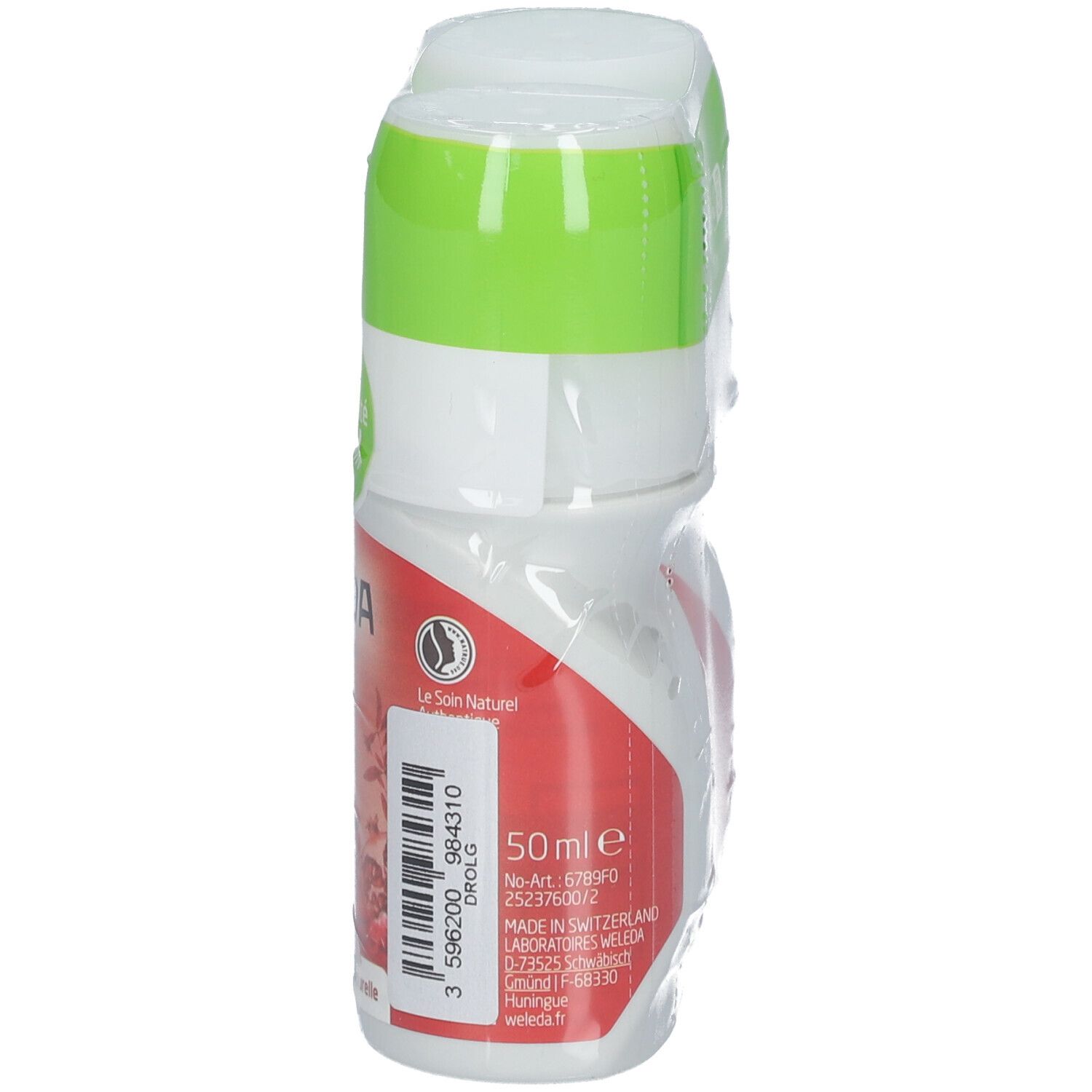 Roll-on deodorant verpakt in folie. Opschrift: WELEDA, 24h. Groen-witte dop. 50 ml. Bio-label. Gemaakt in Zwitserland.