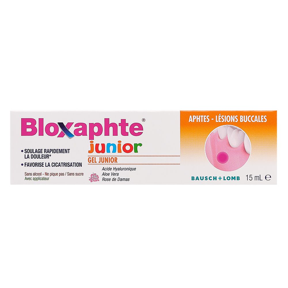 Boîte de Bloxaphte Junior Gel. Inscription : Aphtes - Lésions Buccales. Avec applicateur.