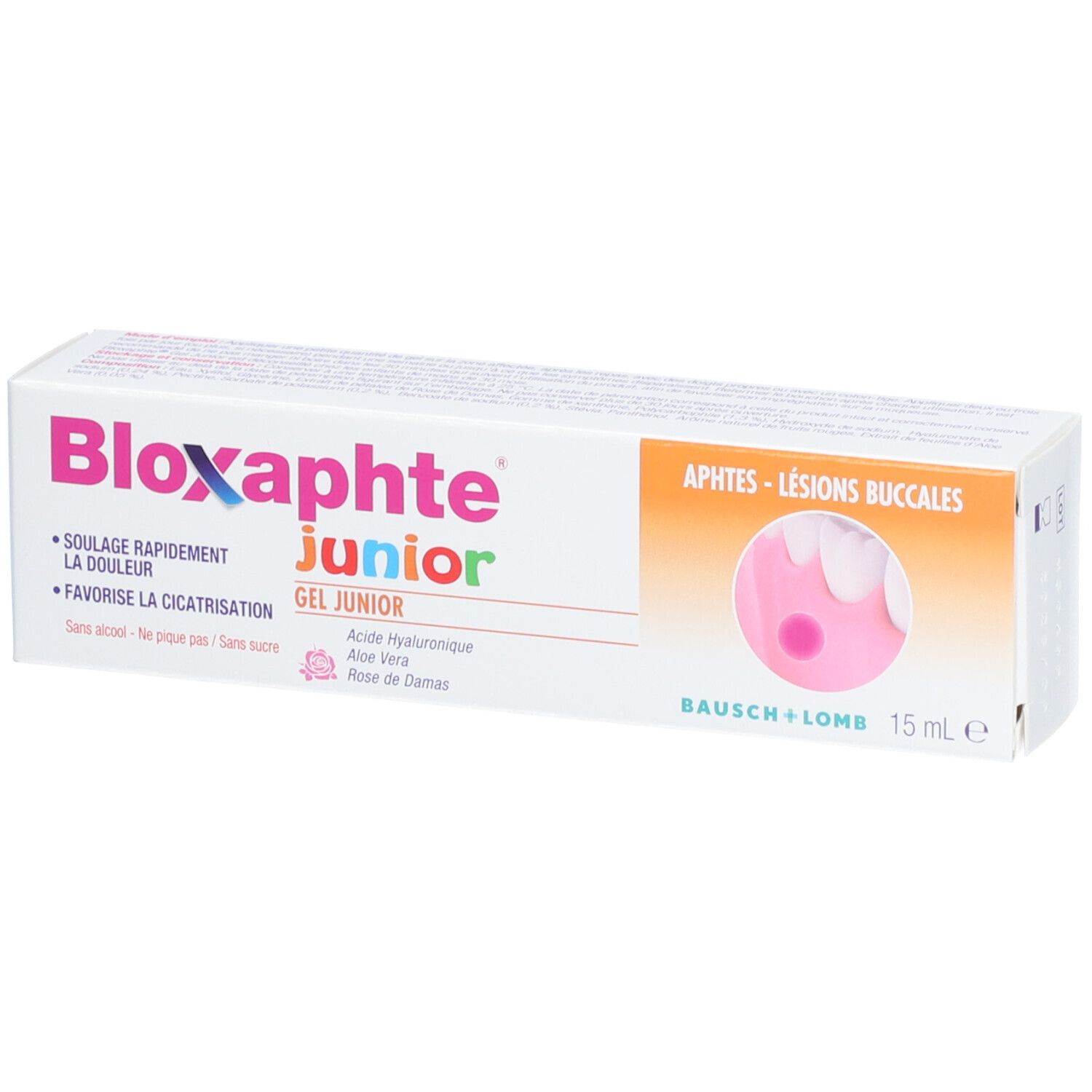Boîte de Bloxaphte Junior Gel. Inscription : Aphtes - Lésions Buccales. Nom du produit.