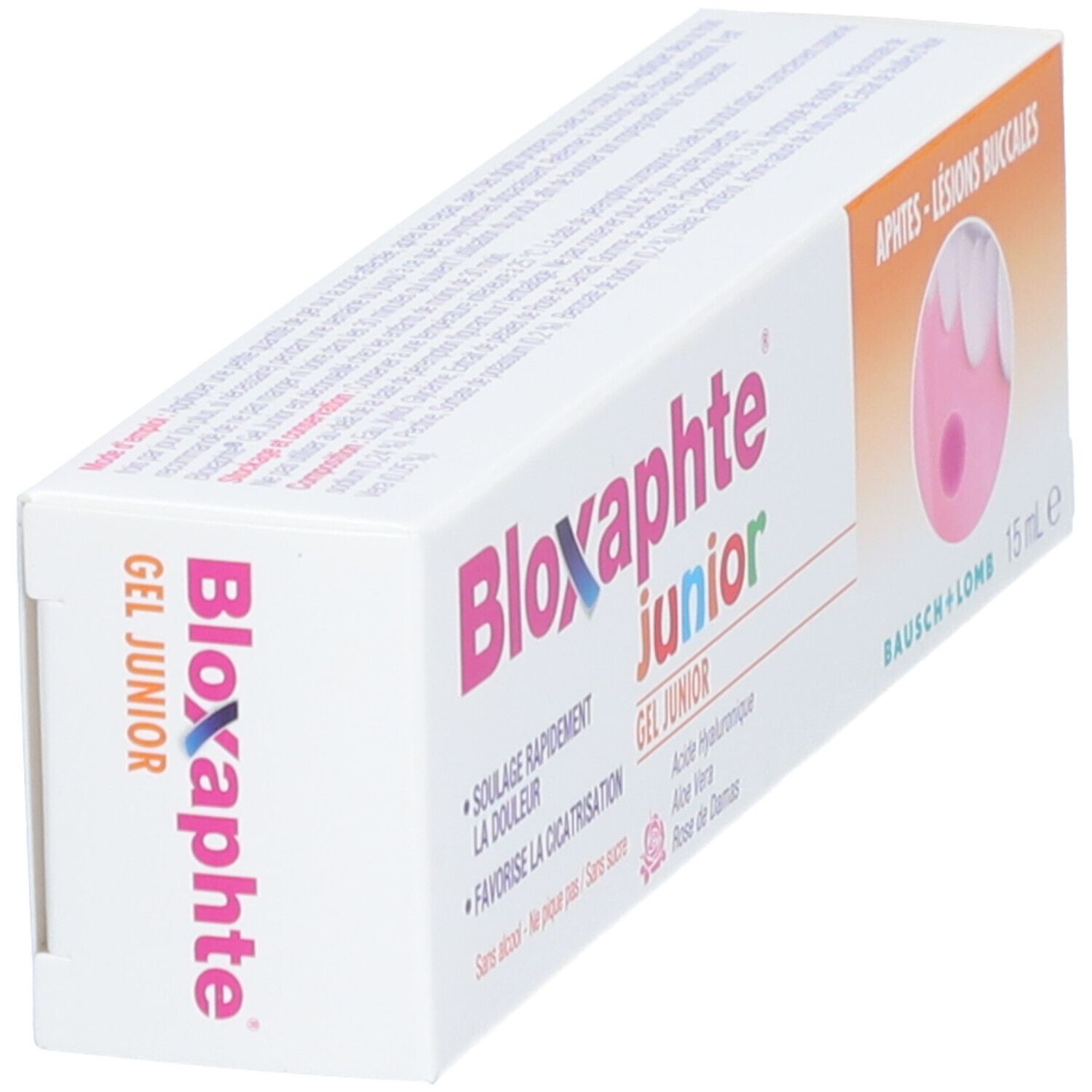 Boîte de Bloxaphte Junior Gel. Inscription : Aphtes - Lésions Buccales. Nom du produit.