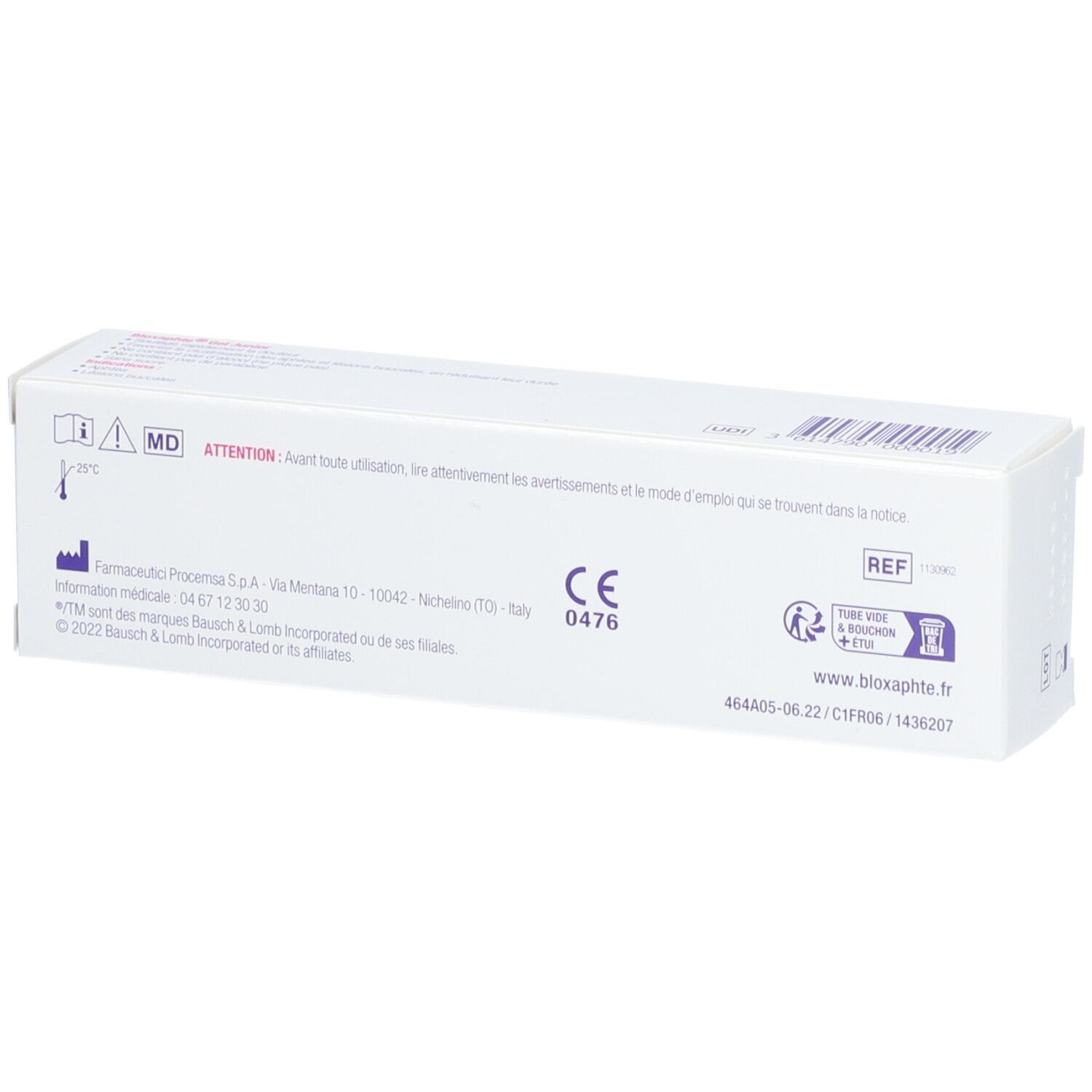 Dos de la boîte de Bloxaphte Junior Gel. Informations et certifications.