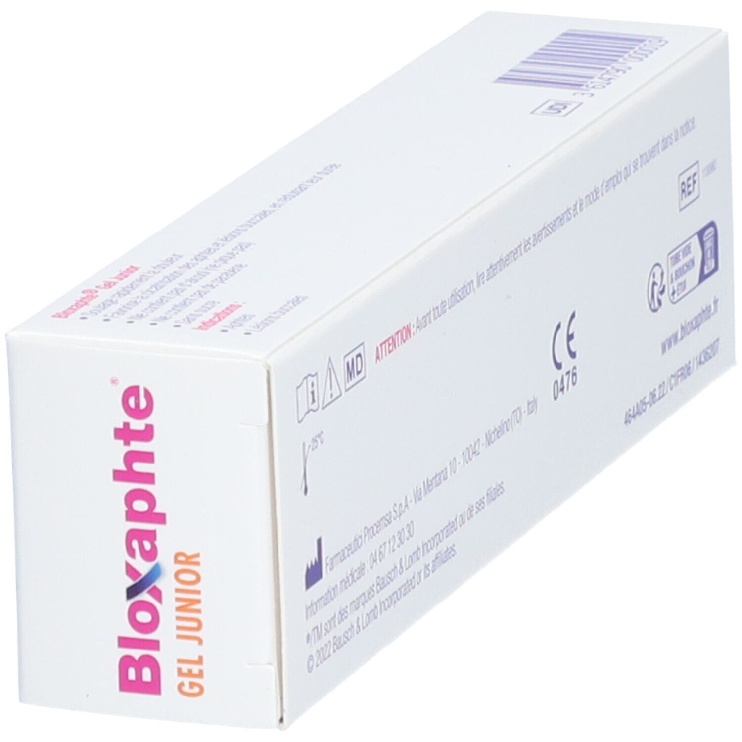 Boîte de Bloxaphte Junior Gel. Inscription : Aphtes - Lésions Buccales. Nom du produit.
