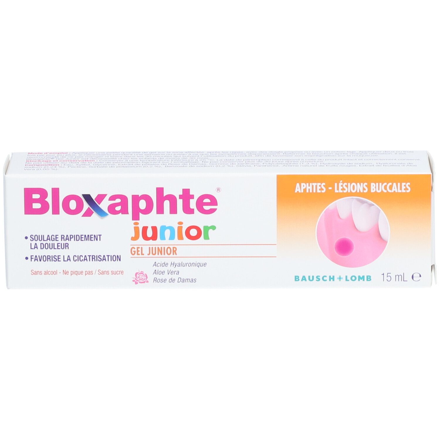 Boîte de Bloxaphte Junior Gel. Inscription : Aphtes - Lésions Buccales. Nom du produit.
