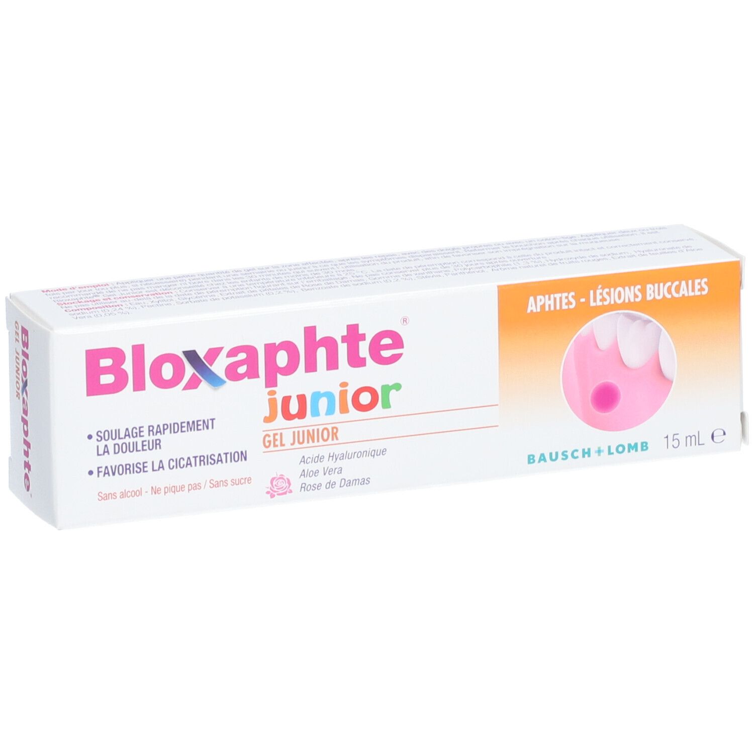 Boîte de Bloxaphte Junior Gel. Inscription : Aphtes - Lésions Buccales. Nom du produit.