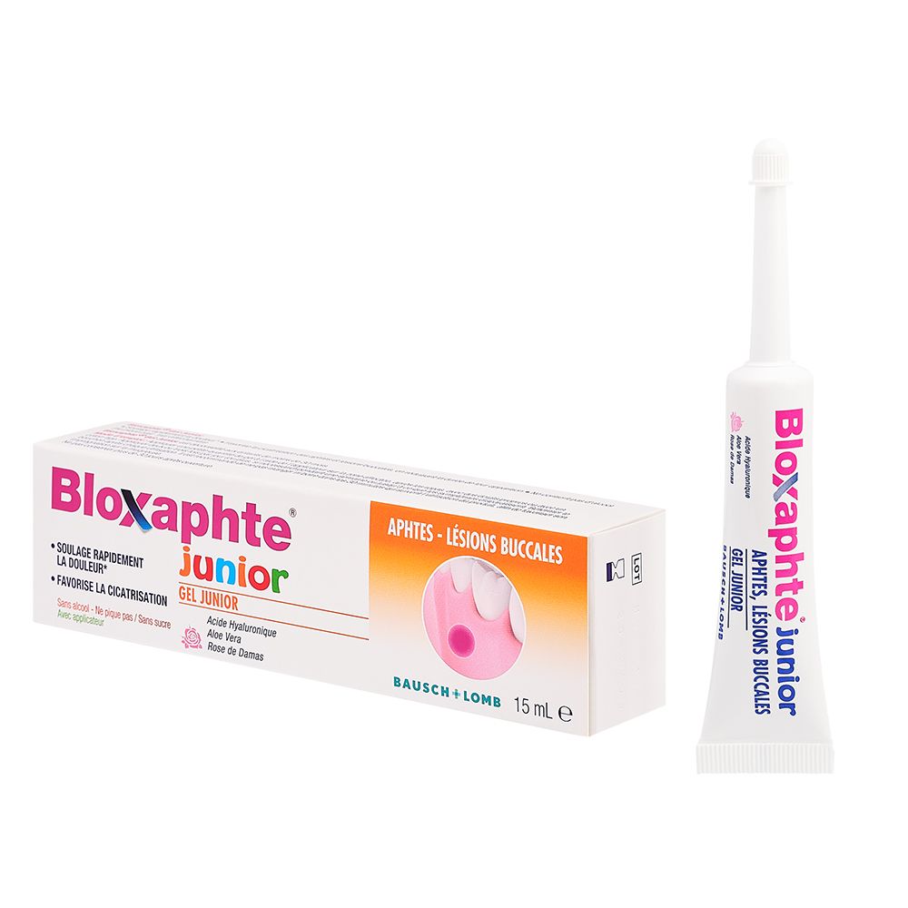 Bloxaphte Junior Gel et applicateur. Inscription : Aphtes - Lésions Buccales. Nom du produit.