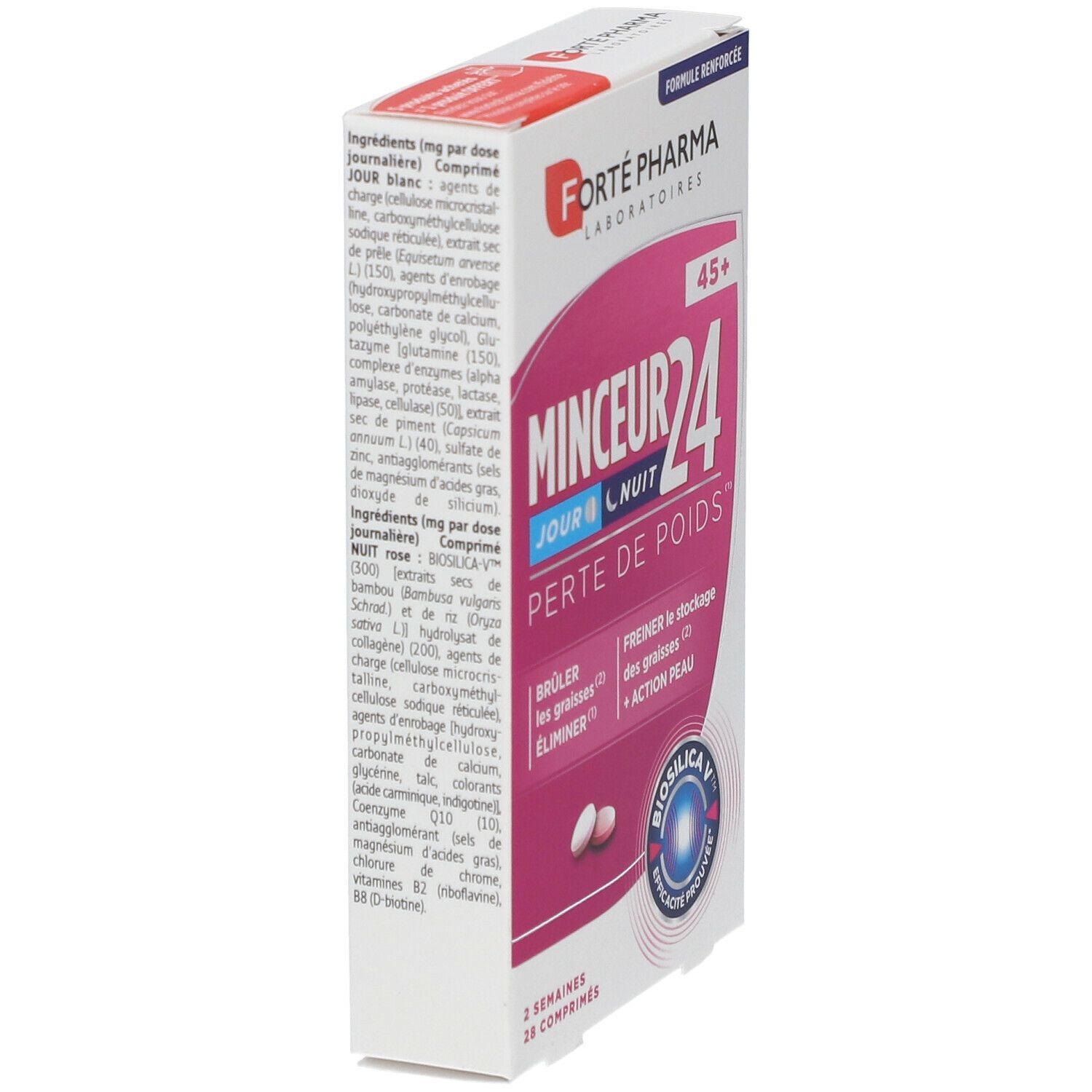 Boîte Forté Pharma Minceur24 45+, en biais. Comprimés roses et blancs. Texte: 'Minceur 24', 'Poids'.