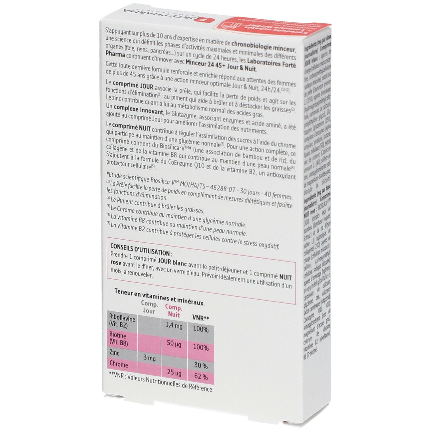 Dos de la boîte Forté Pharma Minceur24 45+. Texte: ingrédients, conseils d'utilisation, informations nutritionnelles.