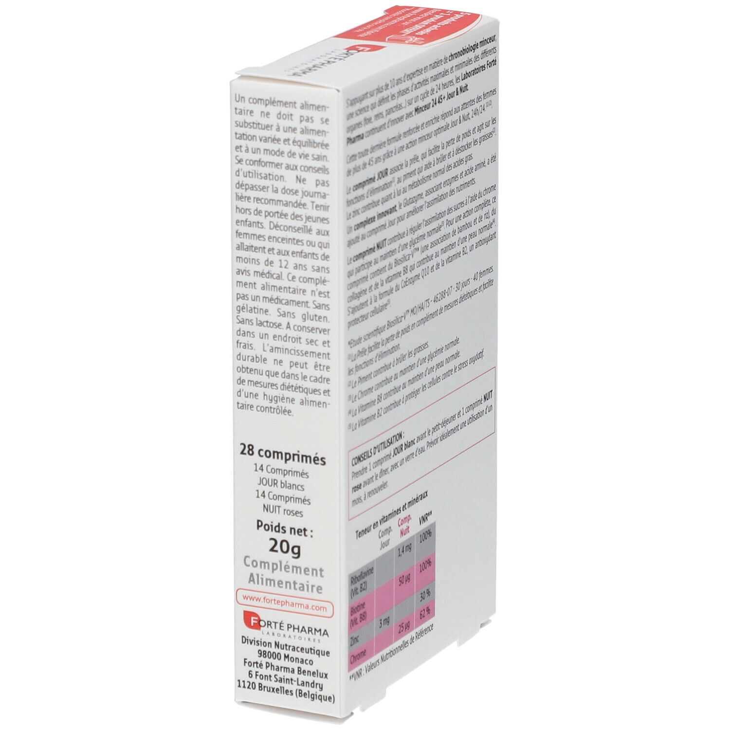 Côté de la boîte Forté Pharma Minceur24 45+. Texte: '28 comprimés', 'Poids net 20g'.