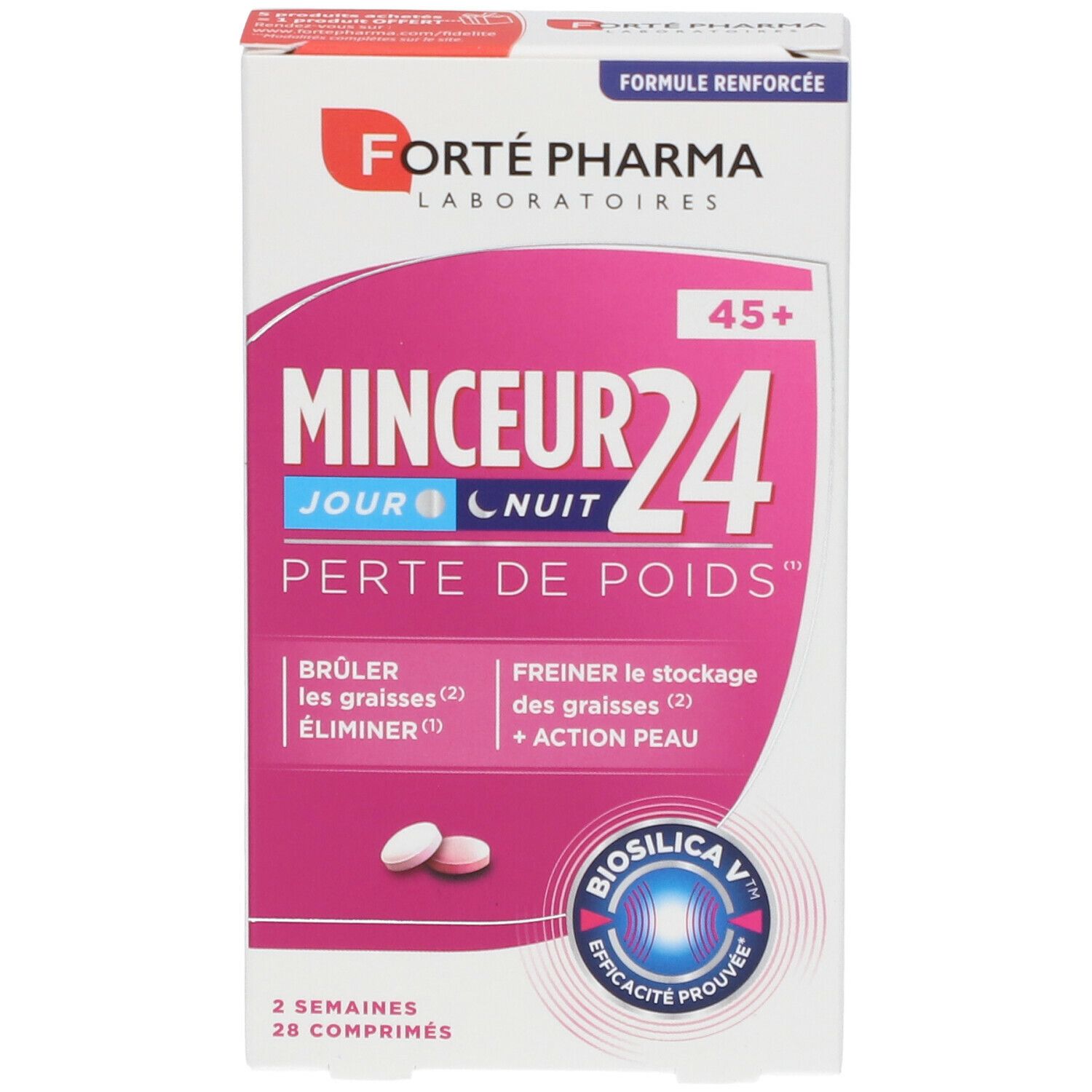 Boîte Forté Pharma Minceur24 45+. Comprimés roses et blancs. Texte: 'Minceur 24', 'Poids'.