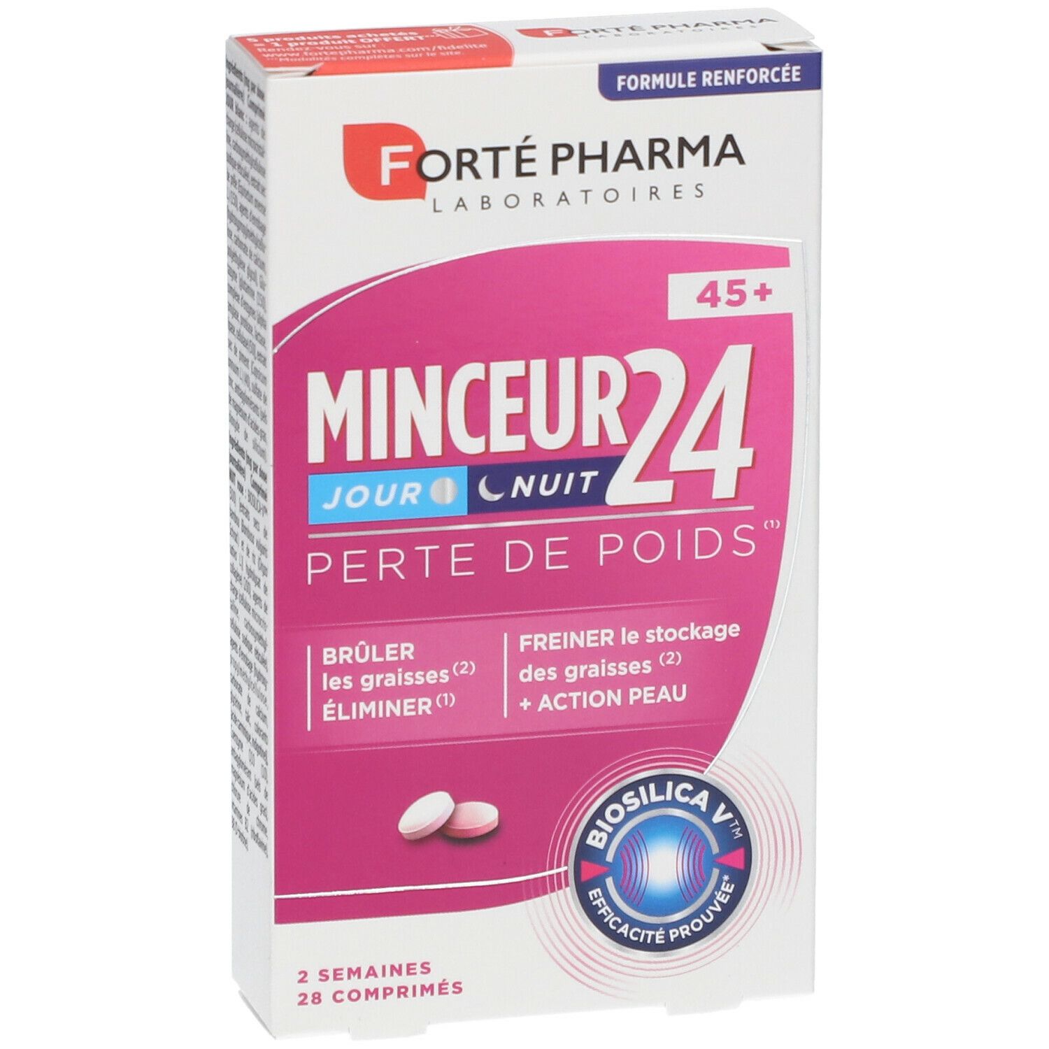Boîte Forté Pharma Minceur24 45+. Comprimés roses et blancs. Texte: 'Minceur 24', 'Poids'.