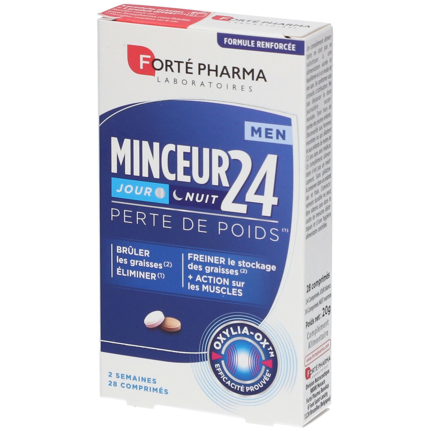 Boîte de Forté Pharma Minceur 24 Men. Carton blanc avec texte bleu et rouge. Contient des comprimés.