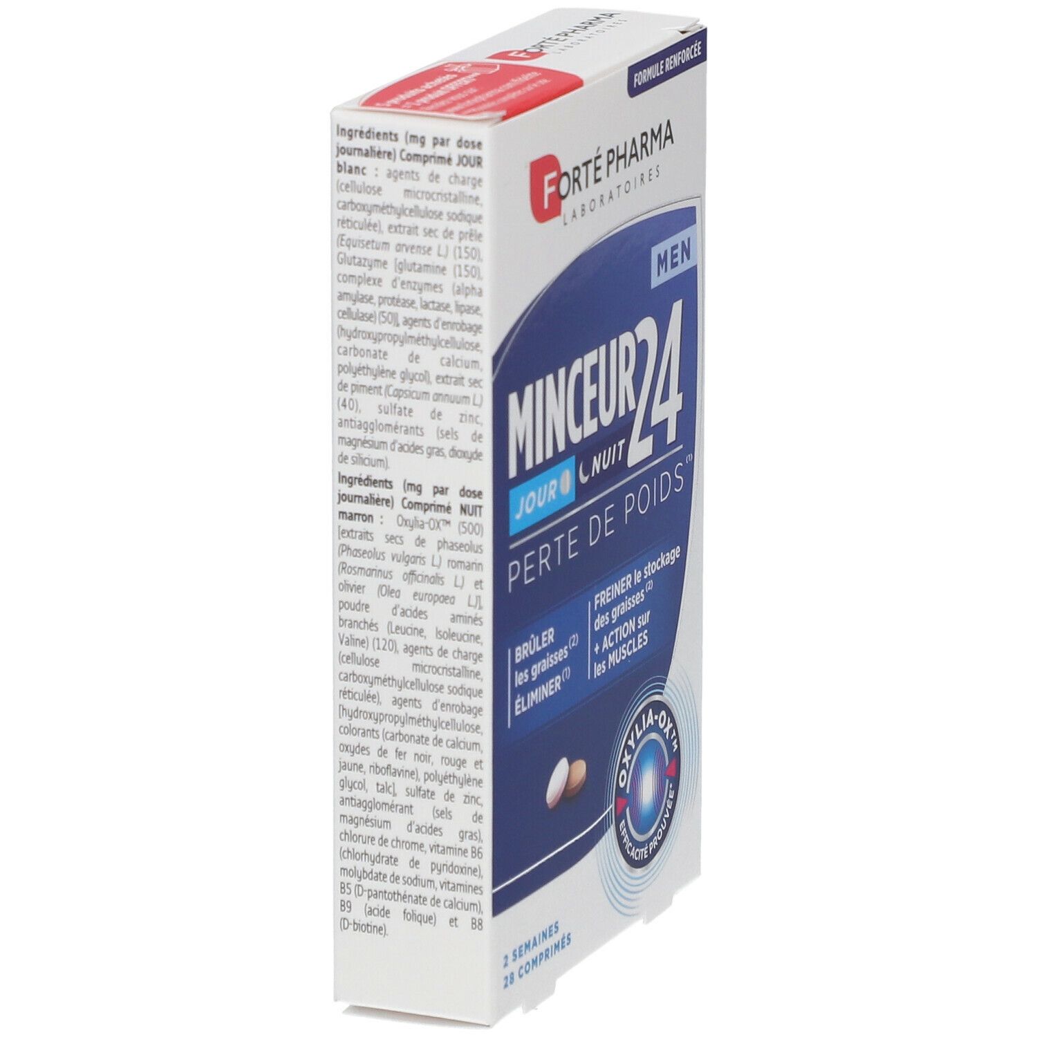 Boîte de Forté Pharma Minceur 24 Men. Carton blanc avec texte bleu et rouge. Contient des comprimés.