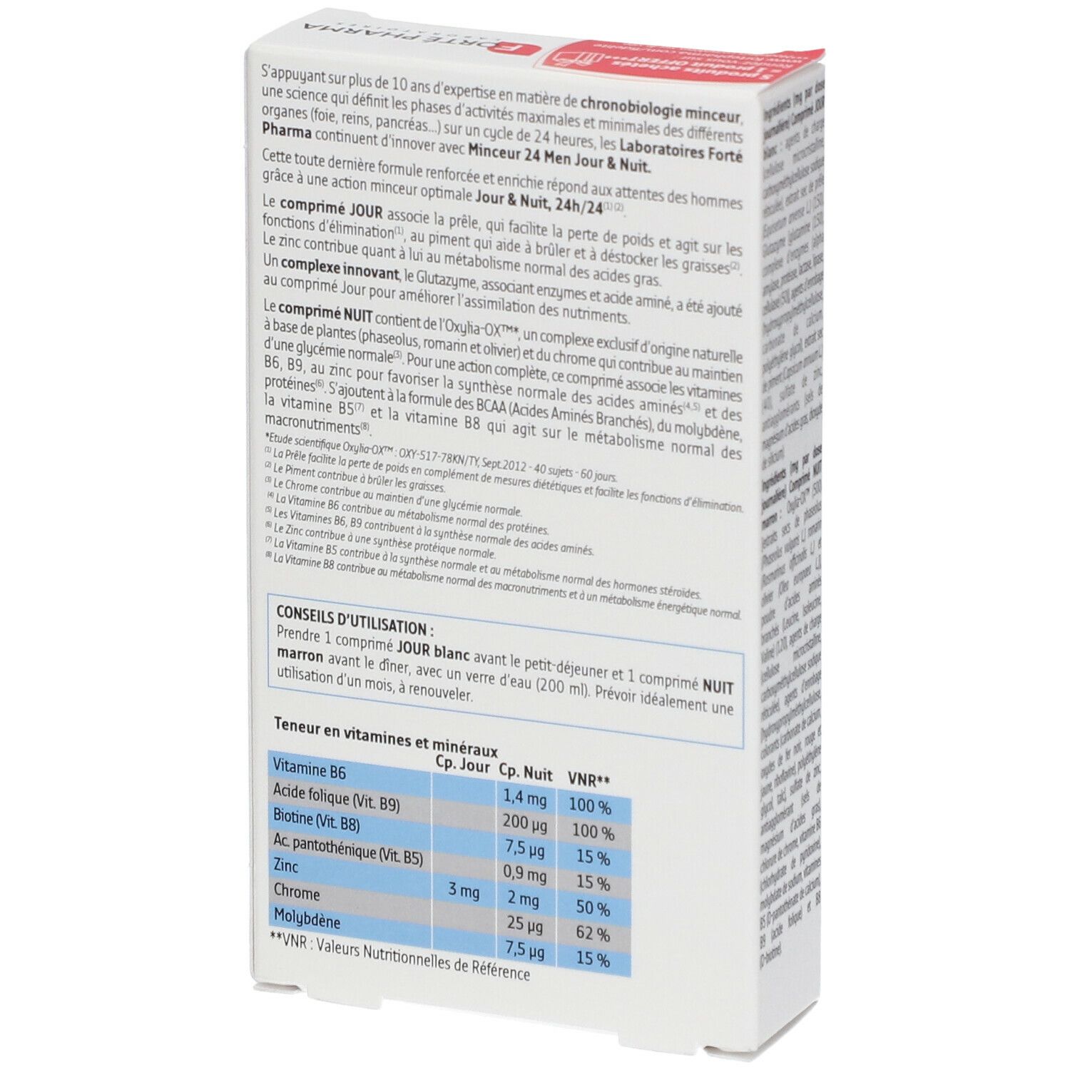 Dos de la boîte Forté Pharma Minceur 24 Men. Contient des informations sur les ingrédients et les valeurs nutritionnelles.