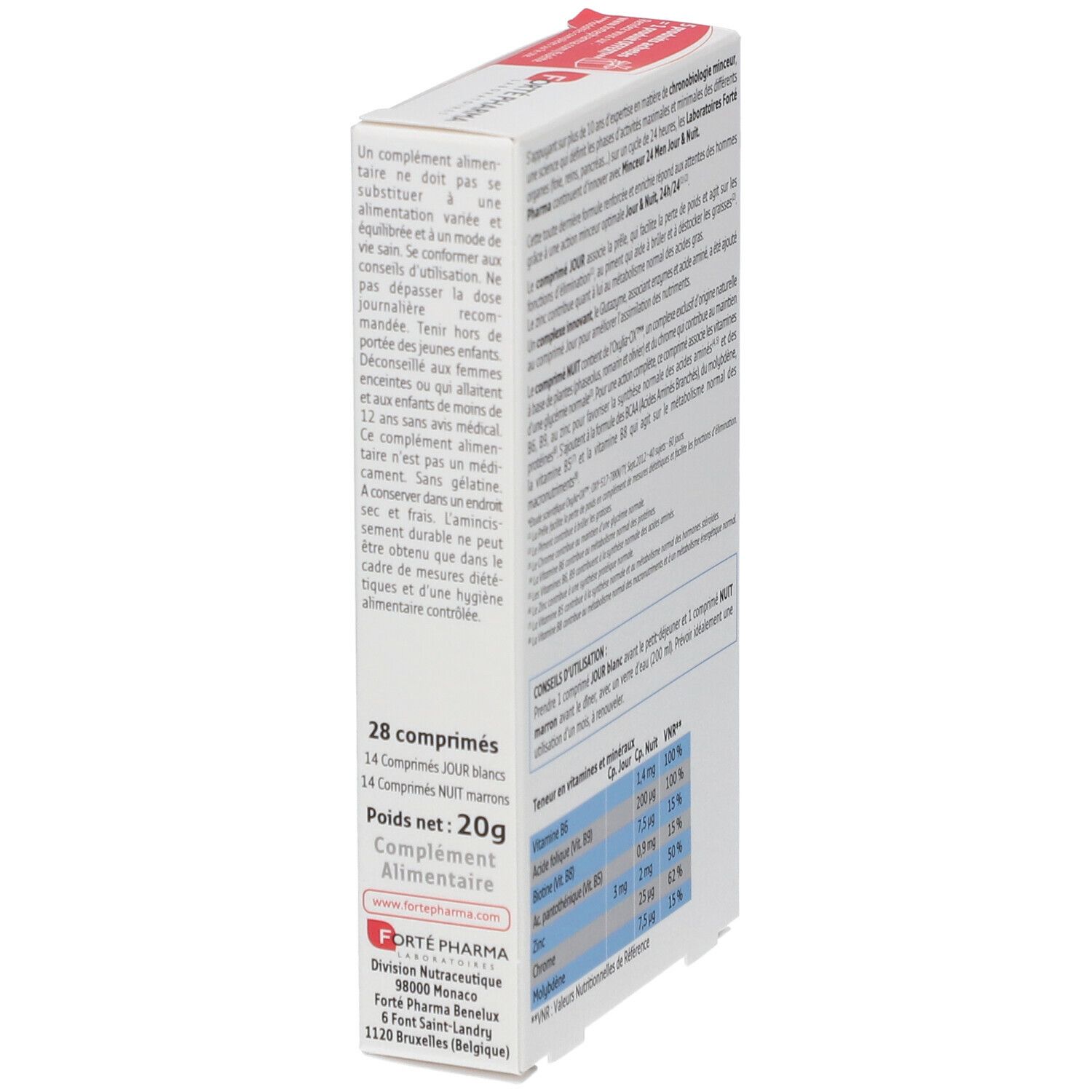 Côté de la boîte Forté Pharma Minceur 24 Men. Contient des informations sur les ingrédients et les valeurs nutritionnelles.
