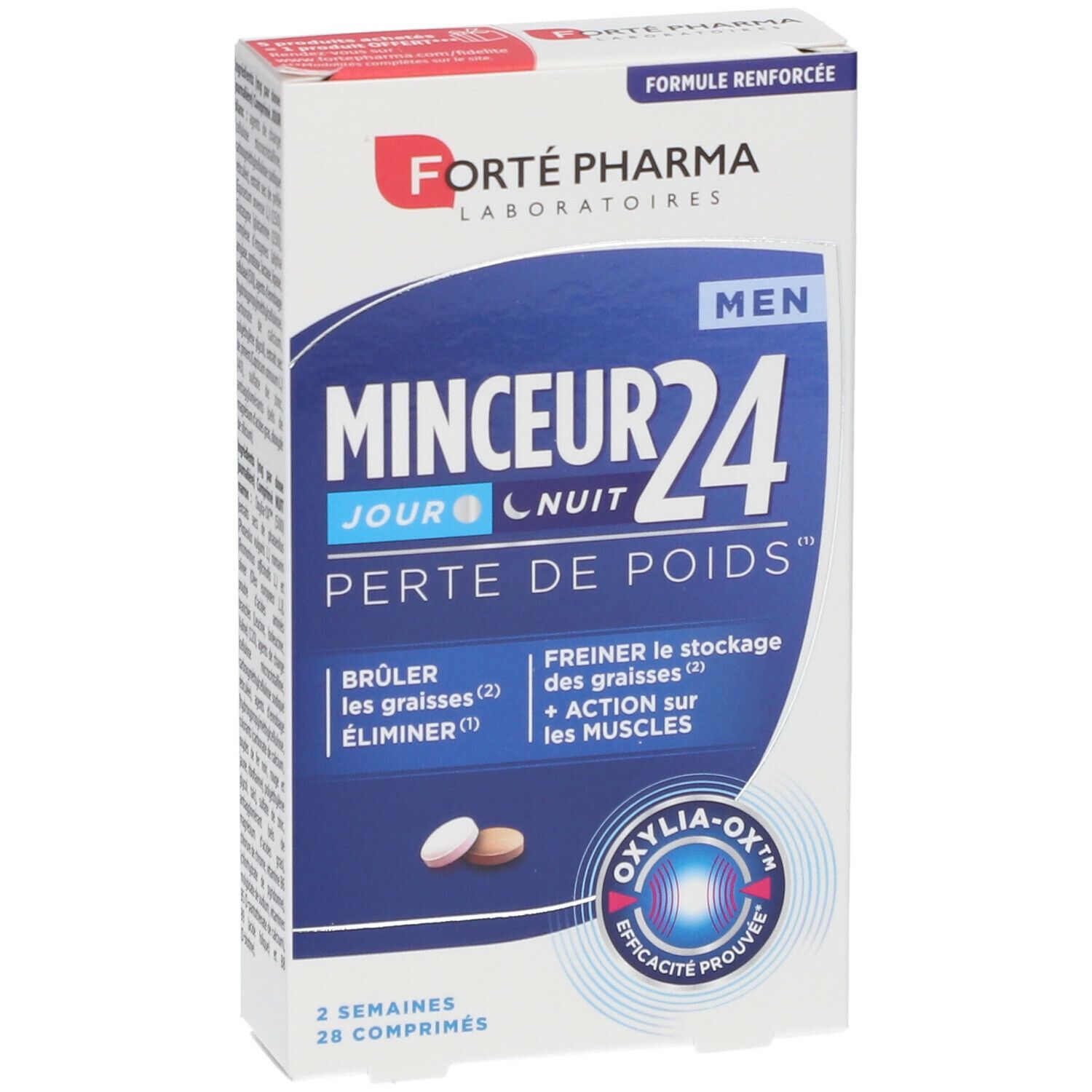 Boîte de Forté Pharma Minceur 24 Men. Carton blanc avec texte bleu et rouge. Contient des comprimés.