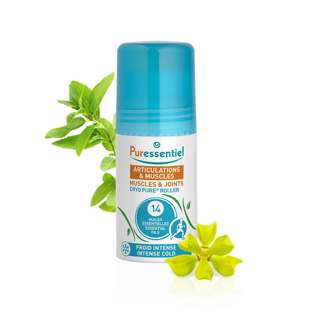 Blauer Roll-on mit Pflanzen. Beschriftung: Articulations & Muscles, Cryo Pure Roller.