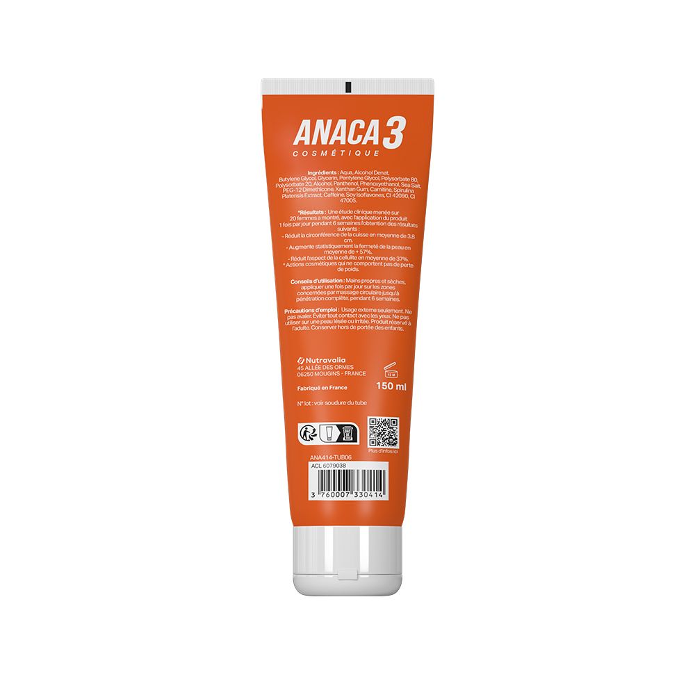 Dos d'un tube orange. Inscriptions: Anaca3, ingrédients, 150 ml, informations fabricant, code QR et code-barres.