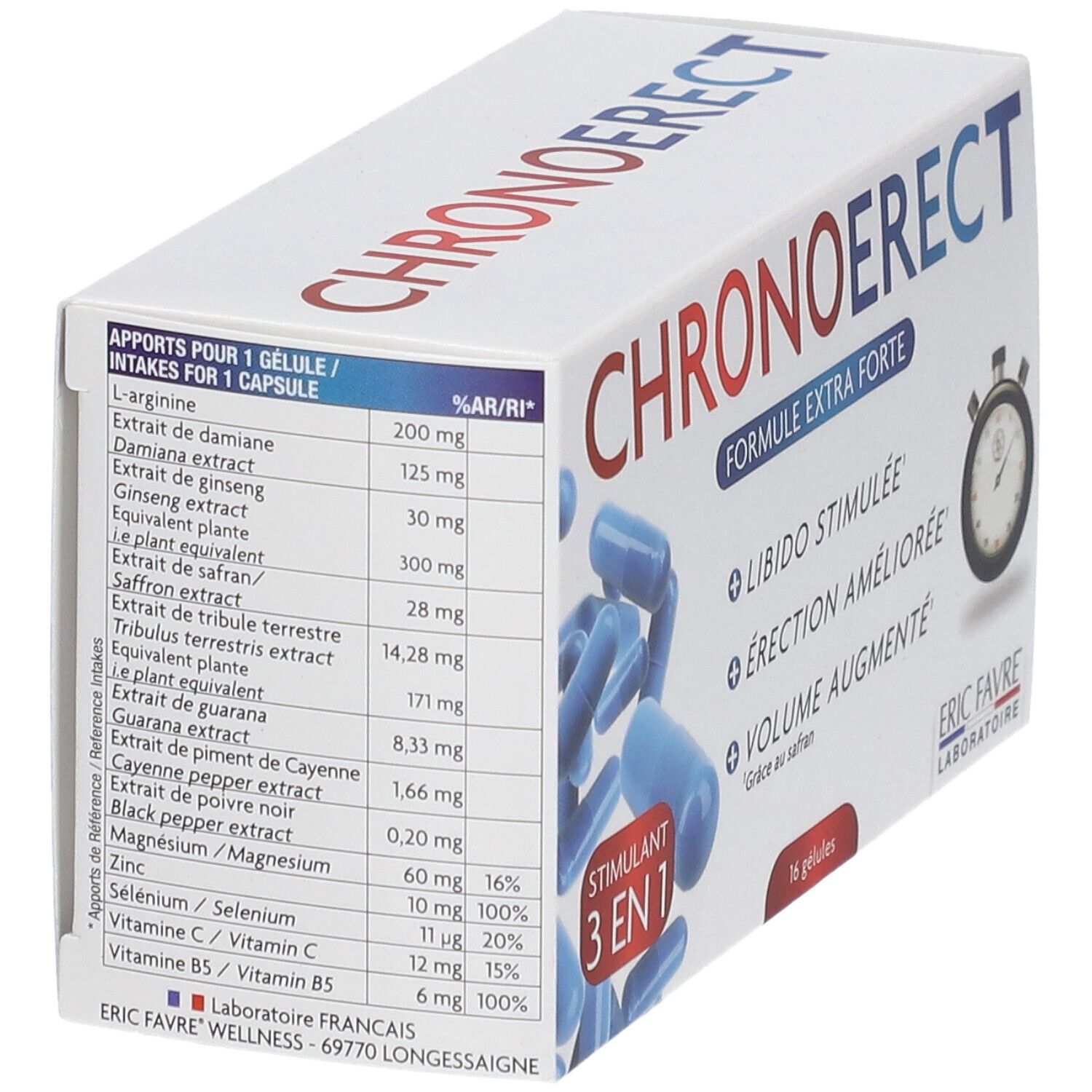 Boîte de gélules bleues. Texte: CHRONOERECT, FORMULE EXTRA FORTE. Ingrédients par gélule. Eric Favre Laboratoire.