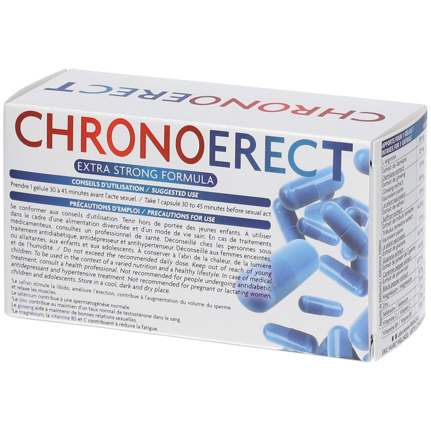 Boîte de gélules bleues. Texte: CHRONOERECT, EXTRA STRONG FORMULA. Conseils d'utilisation. Précautions d'emploi. Eric Favre.