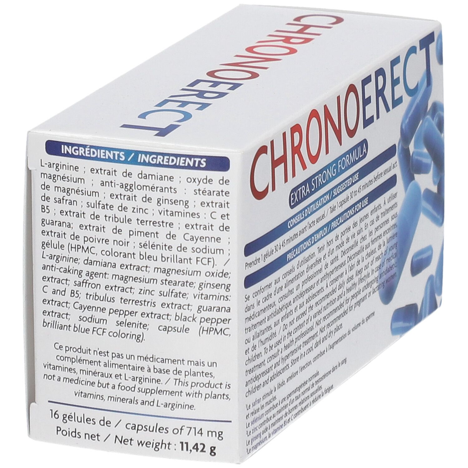 Boîte de gélules bleues. Texte: CHRONOERECT, Ingrédients/Ingrédients. 16 gélules. 714 mg par gélule. Eric Favre.