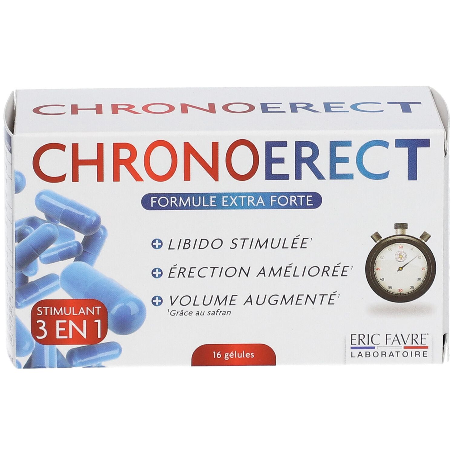 Boîte de gélules bleues. Texte: CHRONOERECT, FORMULE EXTRA FORTE, 3 EN 1, Libido stimulée, érection améliorée, volume augmenté. Eric Favre.