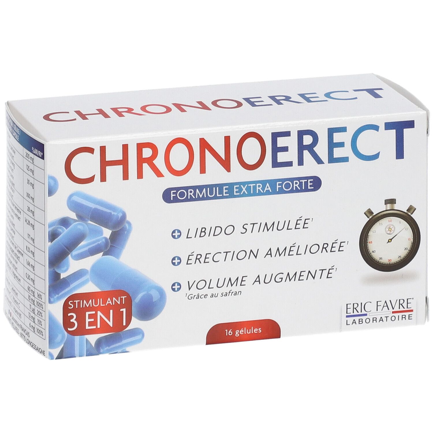 Boîte de gélules bleues. Texte: CHRONOERECT, FORMULE EXTRA FORTE, 3 EN 1, Libido stimulée, érection améliorée, volume augmenté. Eric Favre.