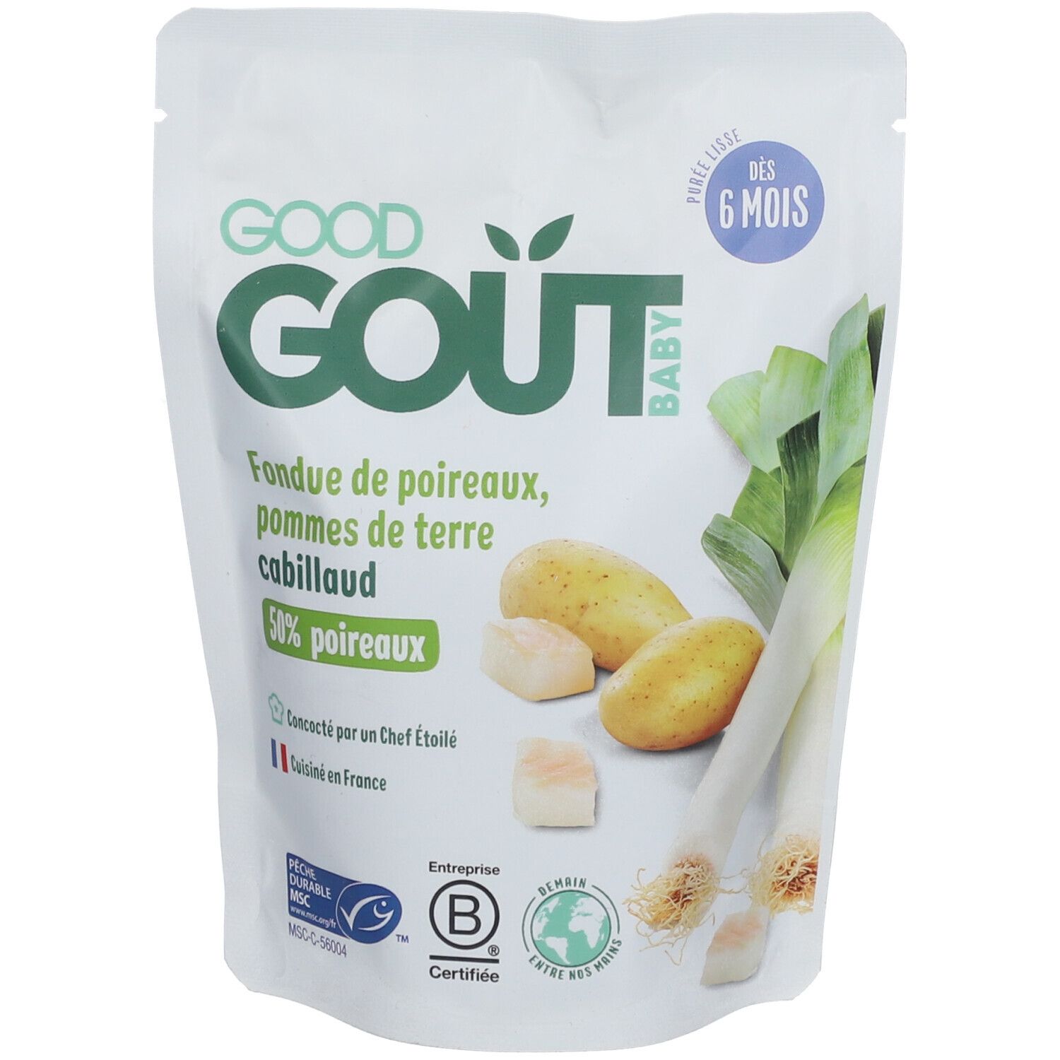 Sachet GOOD GOÛT Babybrei. Illustration de pommes de terre, poireaux et poisson. Texte: 6 MOIS. Label B Corp.