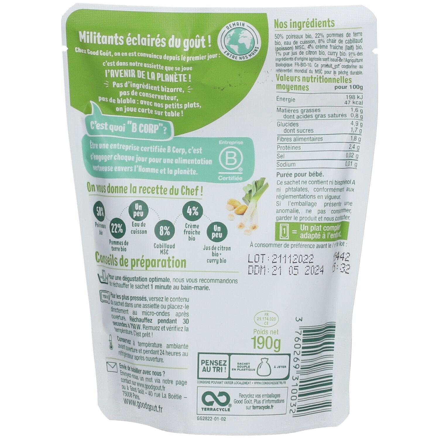 Dos du sachet GOOD GOÛT Babybrei. Texte: ingrédients, valeurs nutritionnelles, conseils de préparation. Certification B Corp.