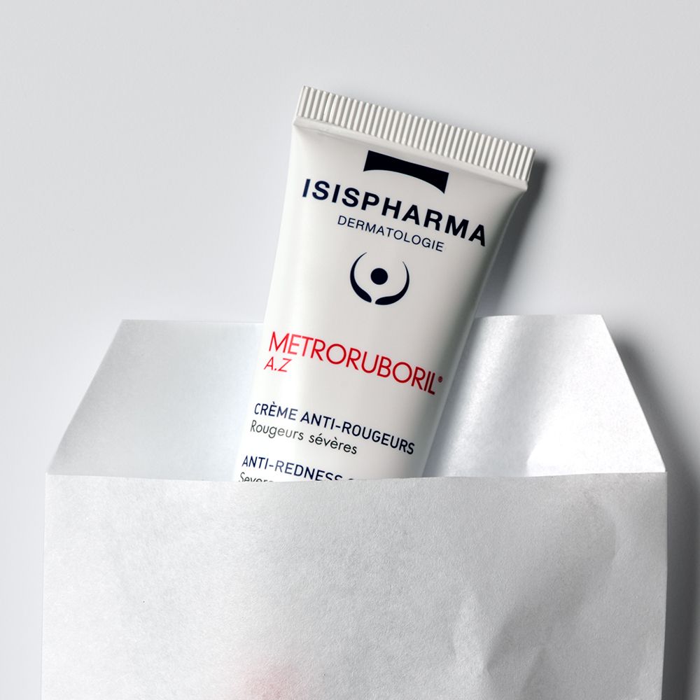 Rückseite der Creme-Tube Metroruboril A.Z. von ISISPHARMA. Enthält Informationen zur Anwendung in mehreren Sprachen.