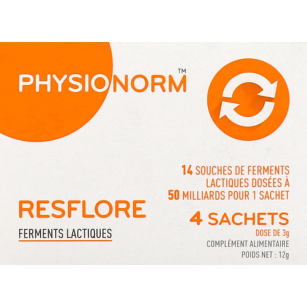 Boîte de Physionorm Resflore. Contient 4 sachets. Texte: 14 souches de ferments lactiques dosées à 50 milliards par sachet. Poids net: 12g.