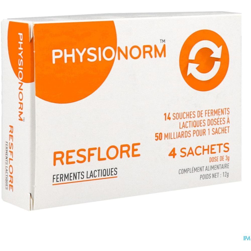 Boîte de Physionorm Resflore. Contient 4 sachets. Texte: 14 souches de ferments lactiques dosées à 50 milliards par sachet. Poids net: 12g.