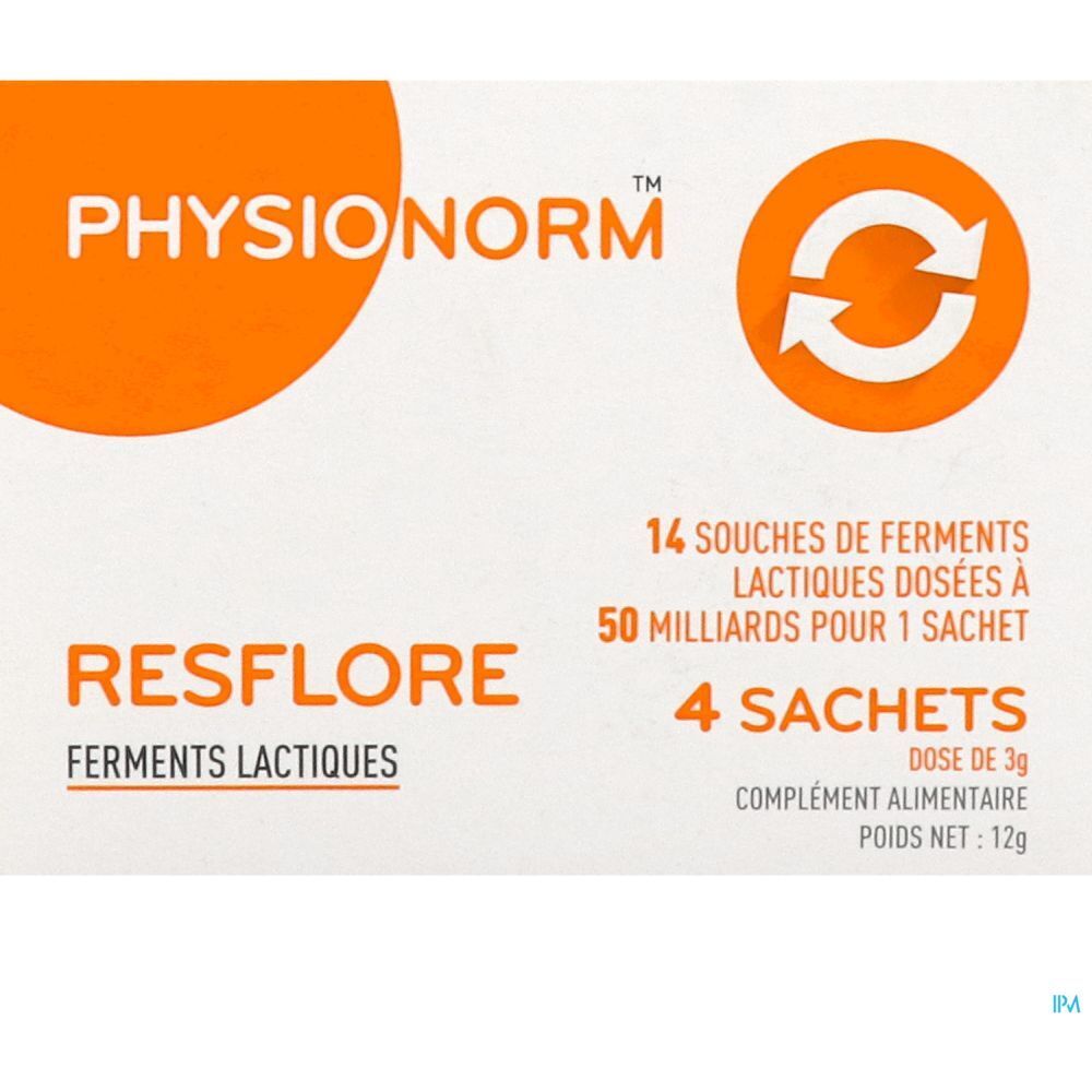 Boîte de Physionorm Resflore. Contient 4 sachets. Texte: 14 souches de ferments lactiques dosées à 50 milliards par sachet. Poids net: 12g.