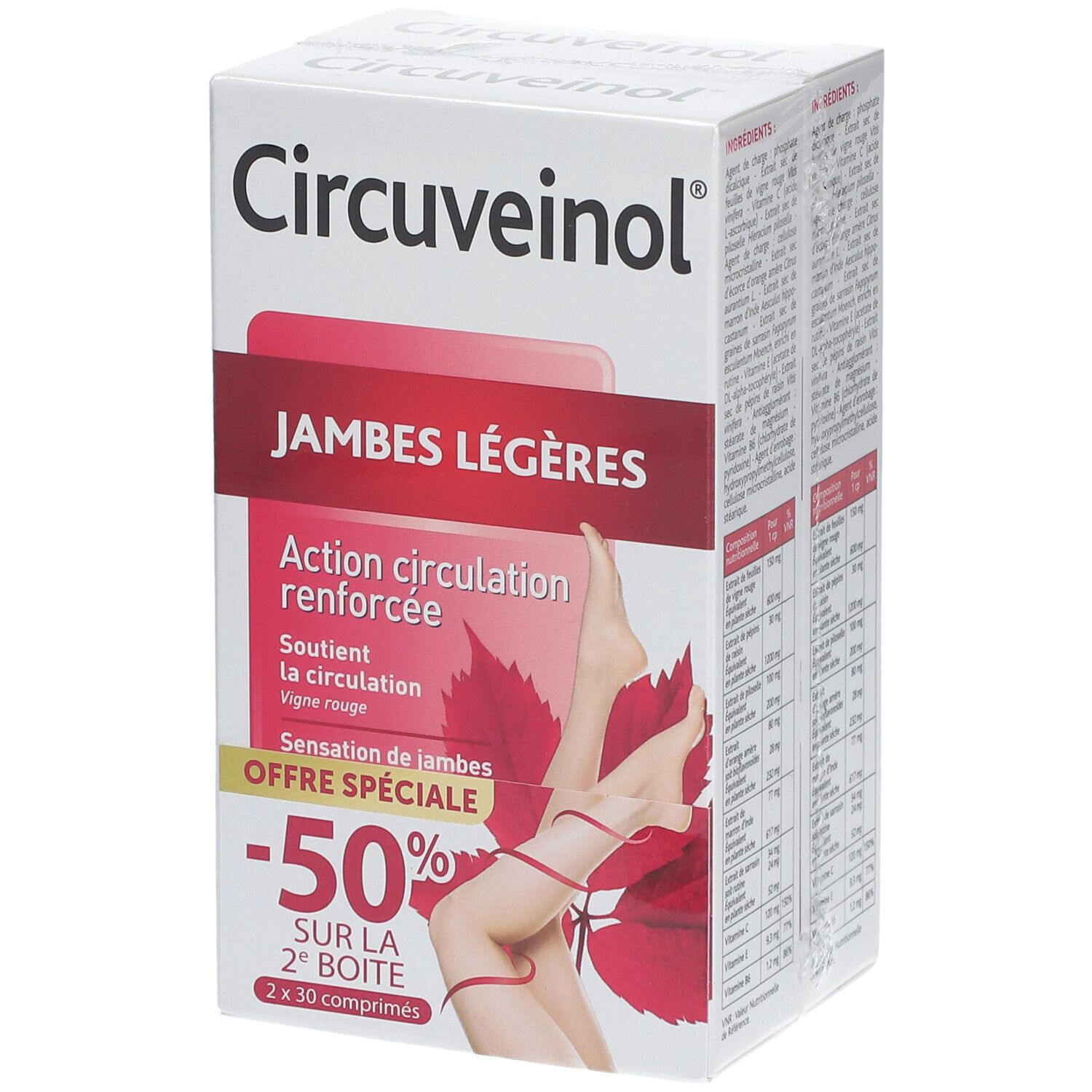 Boîte de Circuveinol®. Inscription: Jambes Légères, -50% sur la 2e boîte. Illustration de jambes et feuille de vigne rouge.