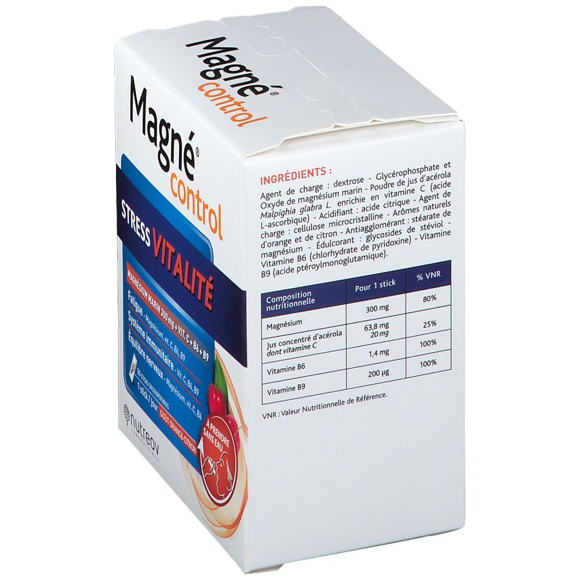 Dos de la boîte Nutreov Magné® Stress Vitalité. Ingrédients et informations nutritionnelles. Carton blanc.
