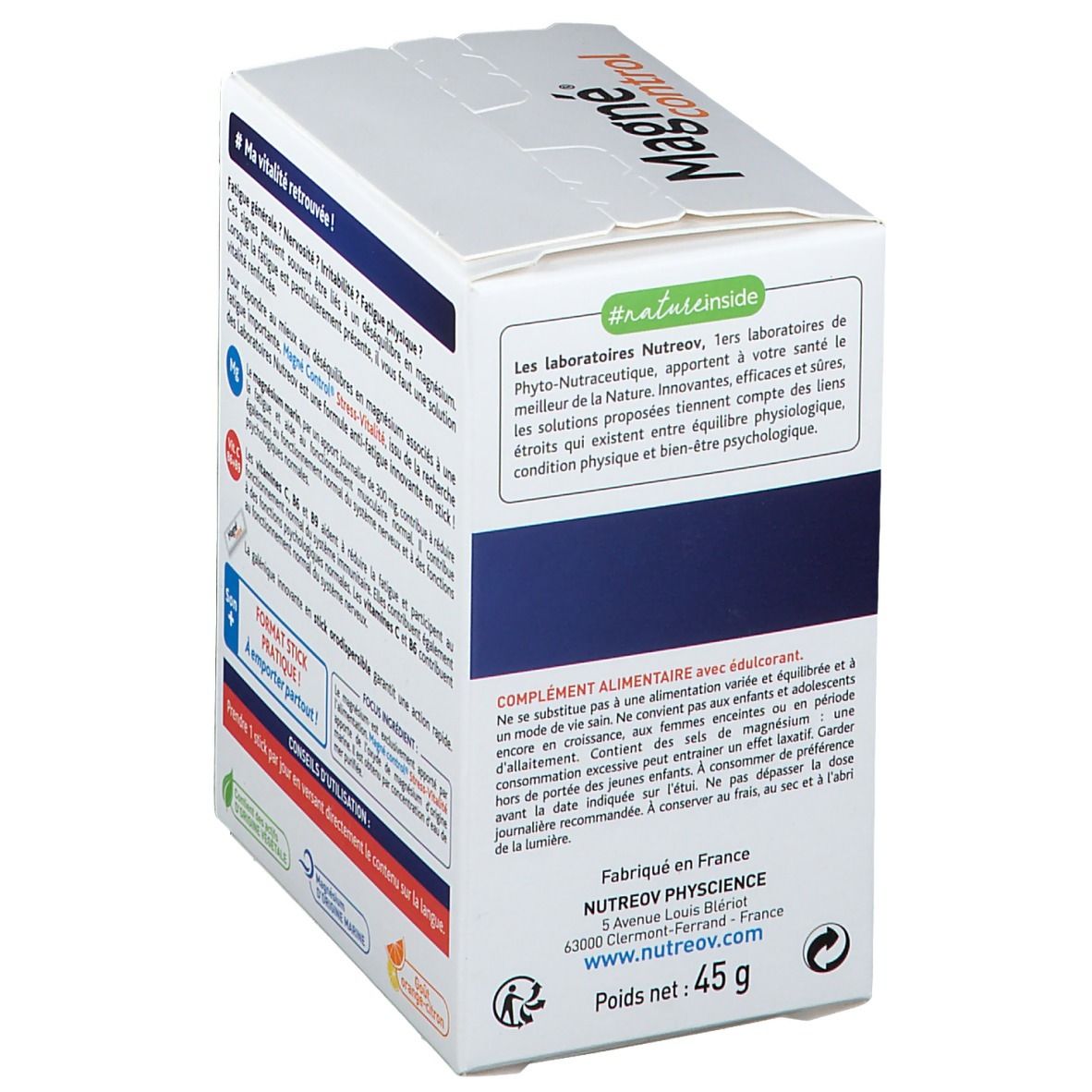 Dos de la boîte Nutreov Magné® Stress Vitalité. Texte et informations fabricant. Carton blanc.